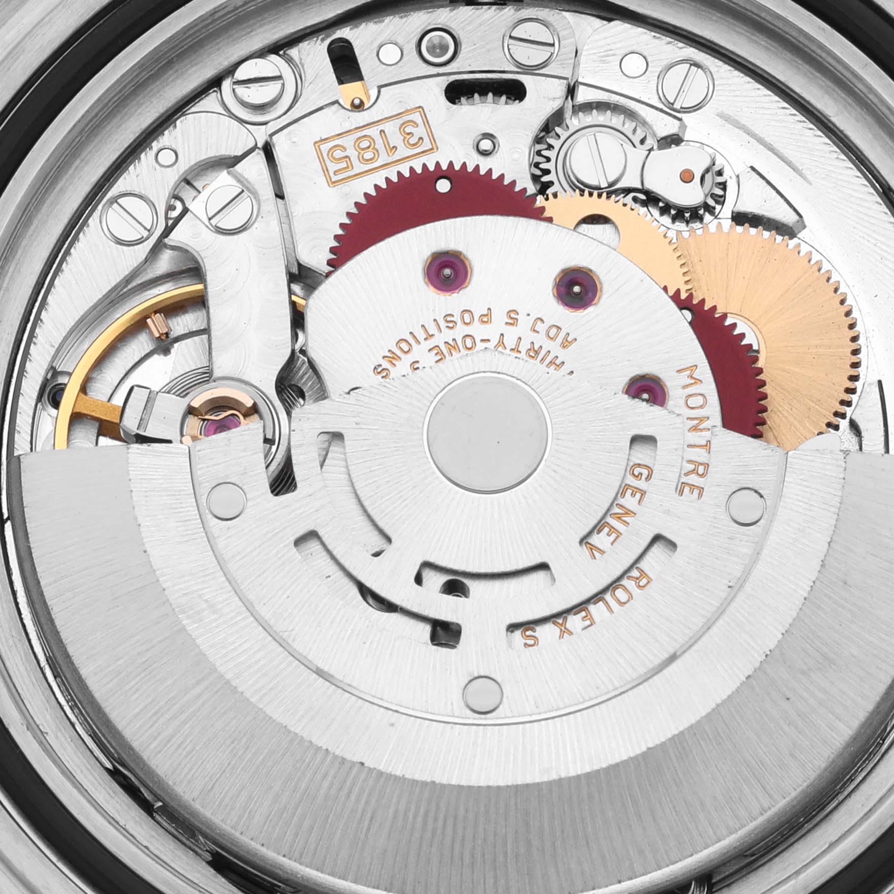 This image shows the movement mechanism of the Rolex Explorer 16570 Men's Stainless Steel White Dial 16570 Men's Stainless Steel White Dial watch from a top-down angle.