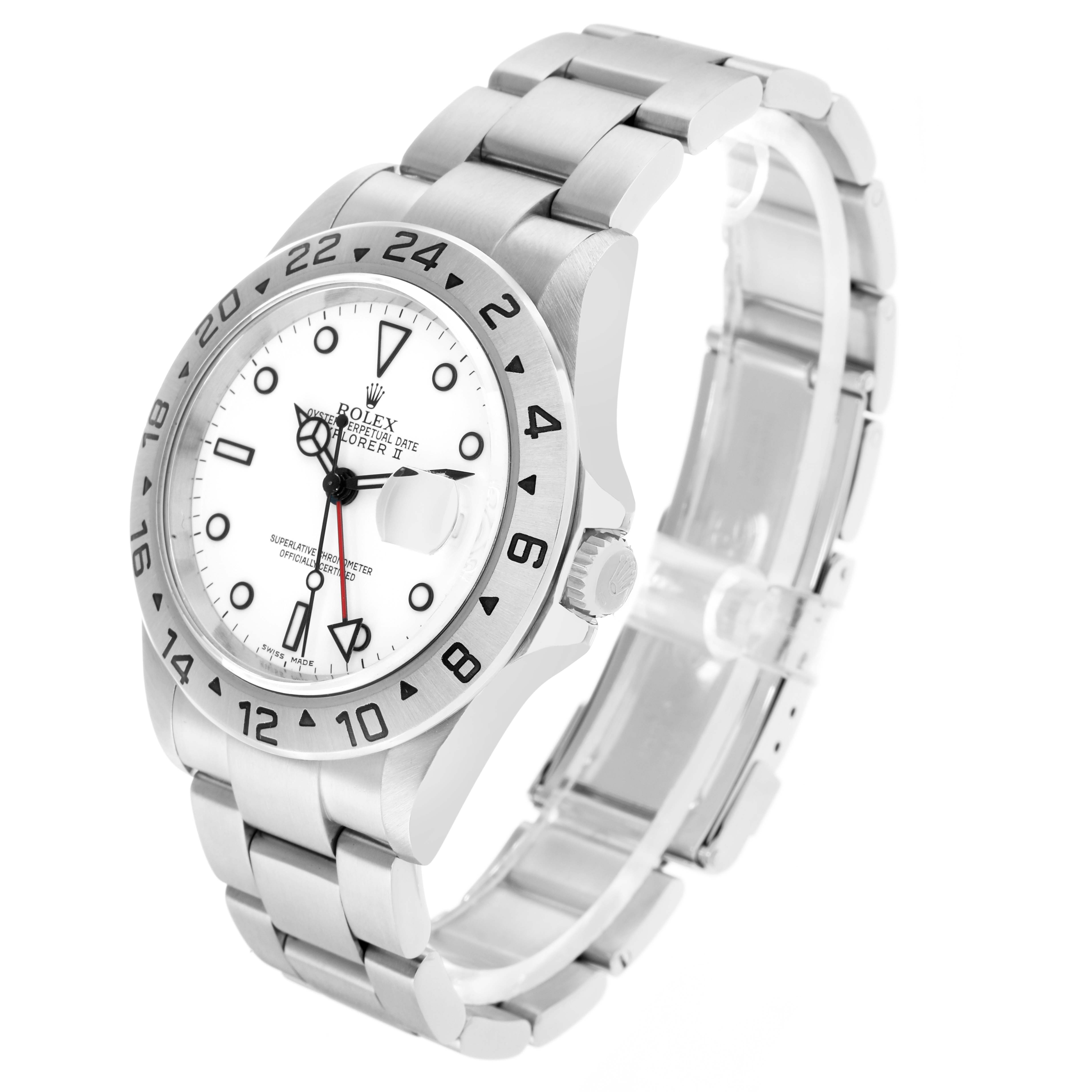 The Rolex Explorer 16570 Men
s Stainless Steel White Dial watch is shown at an angled view highlighting the face, bezel, crown, and bracelet.