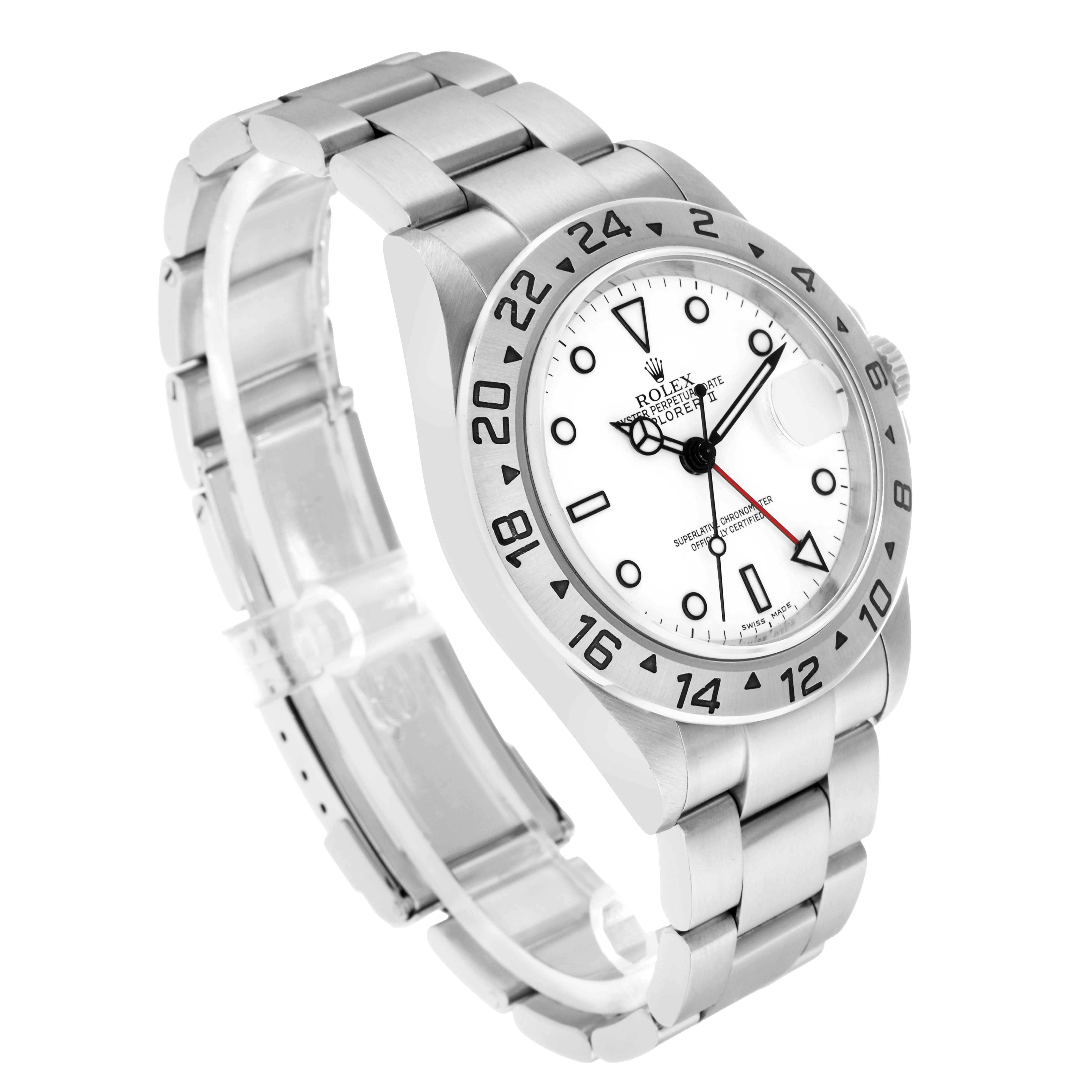 The Rolex Explorer 16570 Men
s Stainless Steel White Dial watch is shown at a three-quarter angle, highlighting the face, bezel, and bracelet.