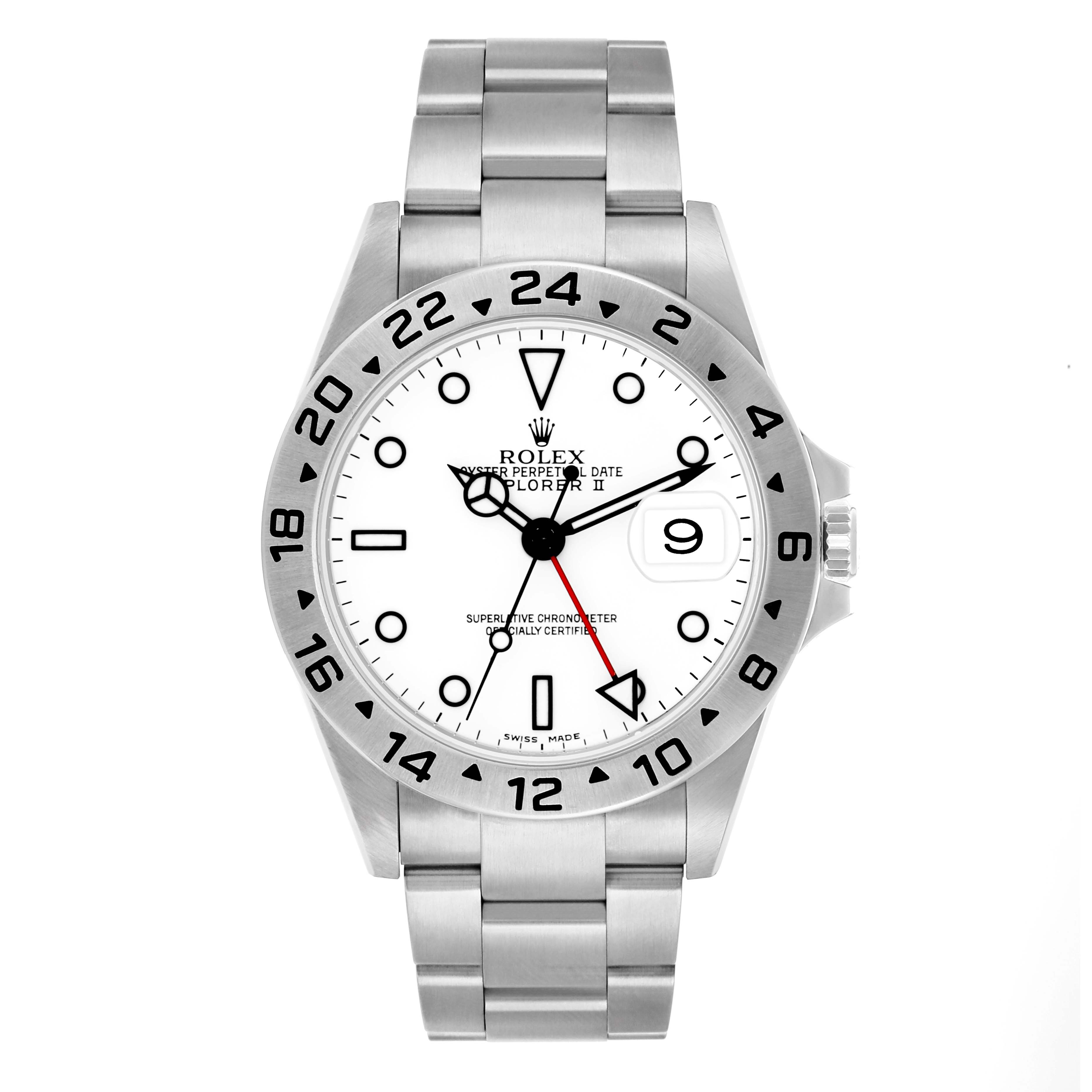 The Rolex Explorer 16570 Men
s Stainless Steel White Dial watch is shown from a front angle, displaying the dial, bezel, and part of the bracelet.