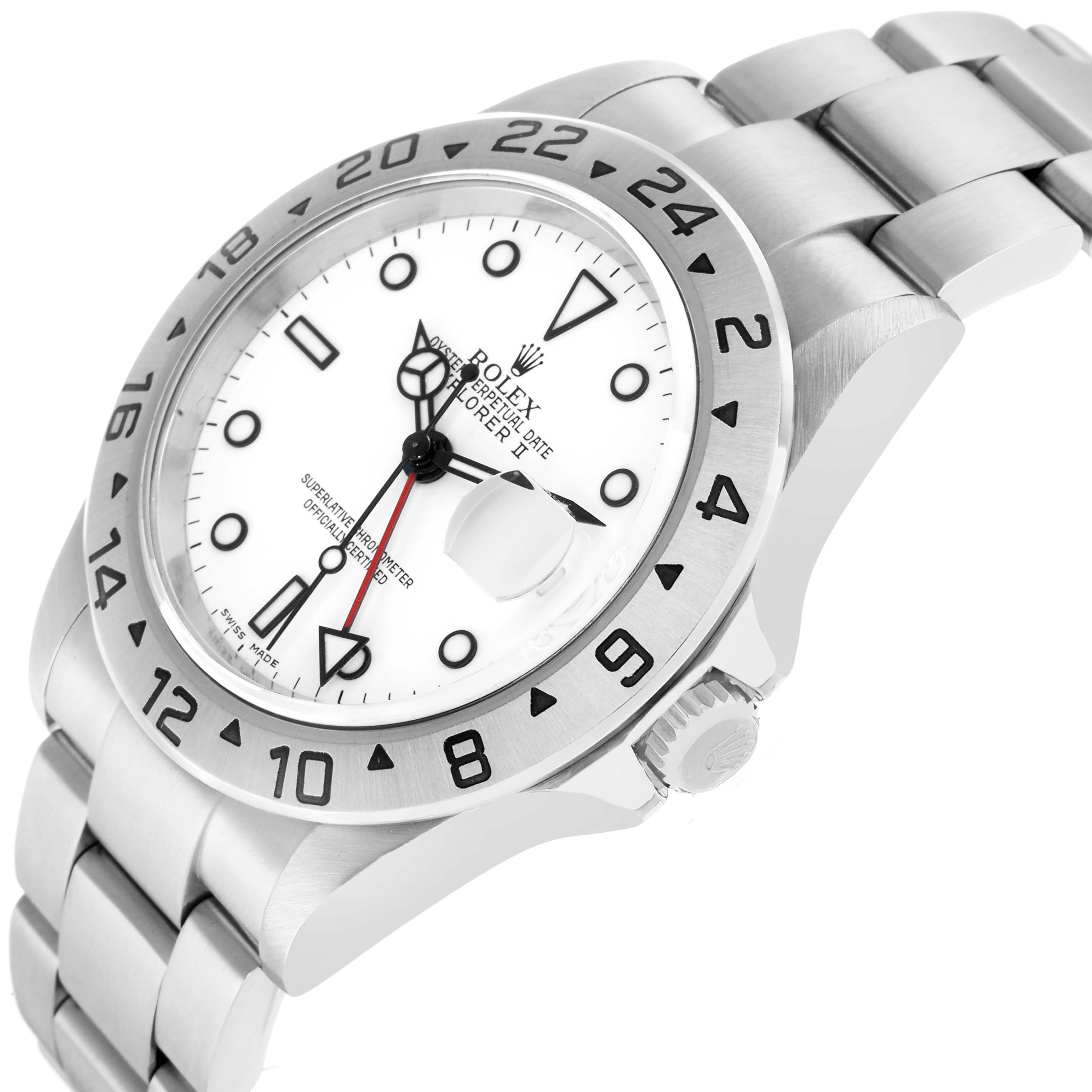 The Rolex Explorer 16570 Men
s Stainless Steel White Dial watch is shown at an angled view, highlighting the face, bezel, crown, and bracelet links.
