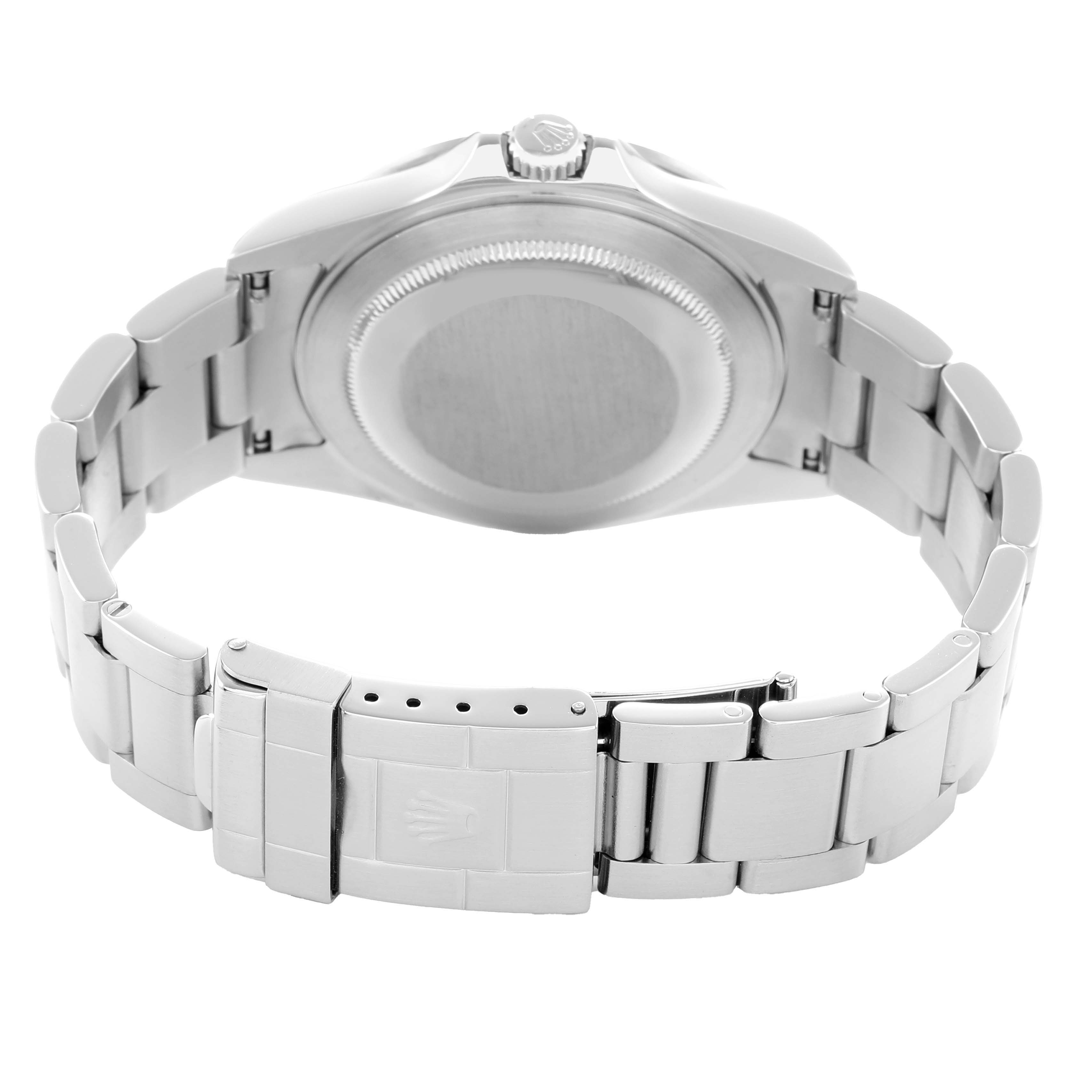 The image shows the back of a Rolex Explorer 16570 Men
s Stainless Steel White Dial watch, focusing on the case back, bracelet, and clasp from a rear angle.