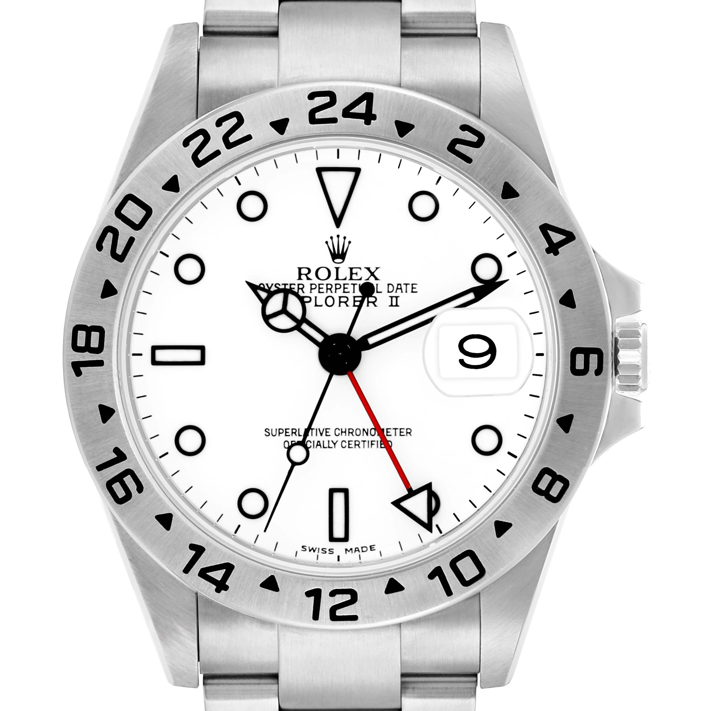 The Rolex Explorer 16570 Men
s Stainless Steel White Dial II watch is shown from a front angle, highlighting the dial, bezel, and bracelet.