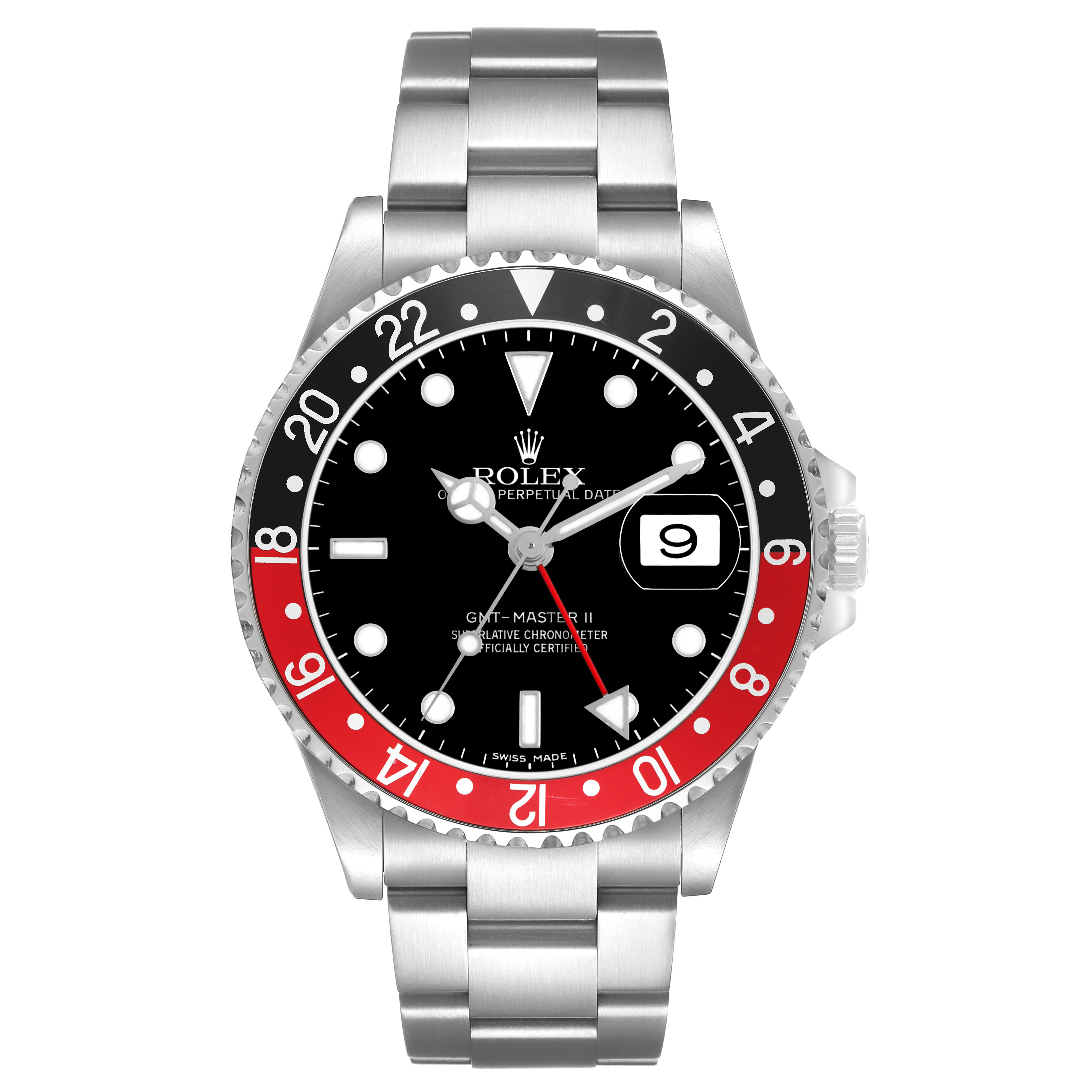 This image shows a frontal view of a Rolex GMT-Master 16710 Men's Stainless Steel Black Dial II watch, highlighting its bezel, dial, and bracelet.