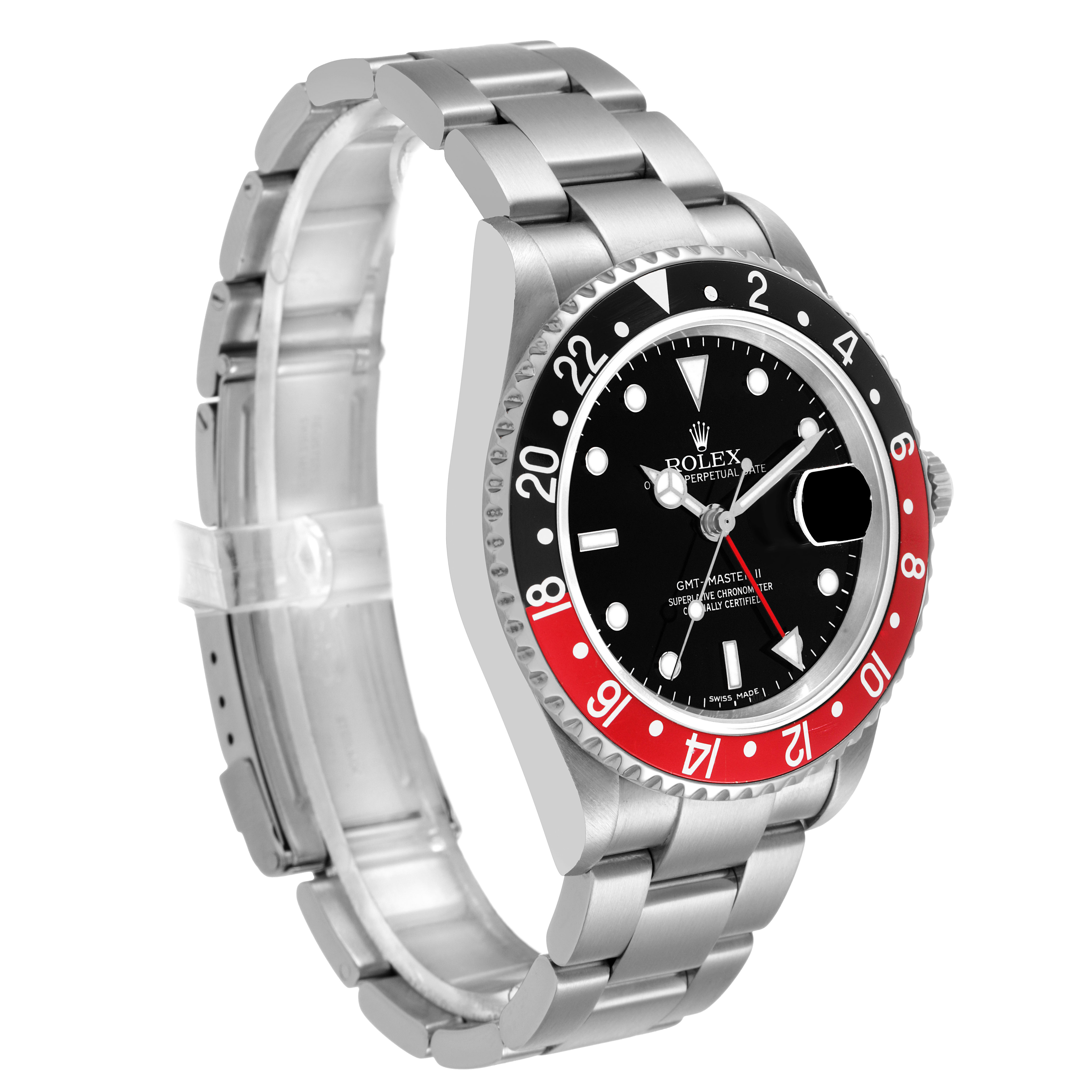 The Rolex GMT-Master 16710 Men's Stainless Steel Black Dial watch is shown at a three-quarter angle, highlighting its two-tone bezel, dial, and bracelet.
