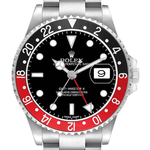 The image shows a front view of the Rolex GMT-Master 16710 Men's Stainless Steel Black Dial II watch, highlighting its bezel, dial, hands, and date feature.