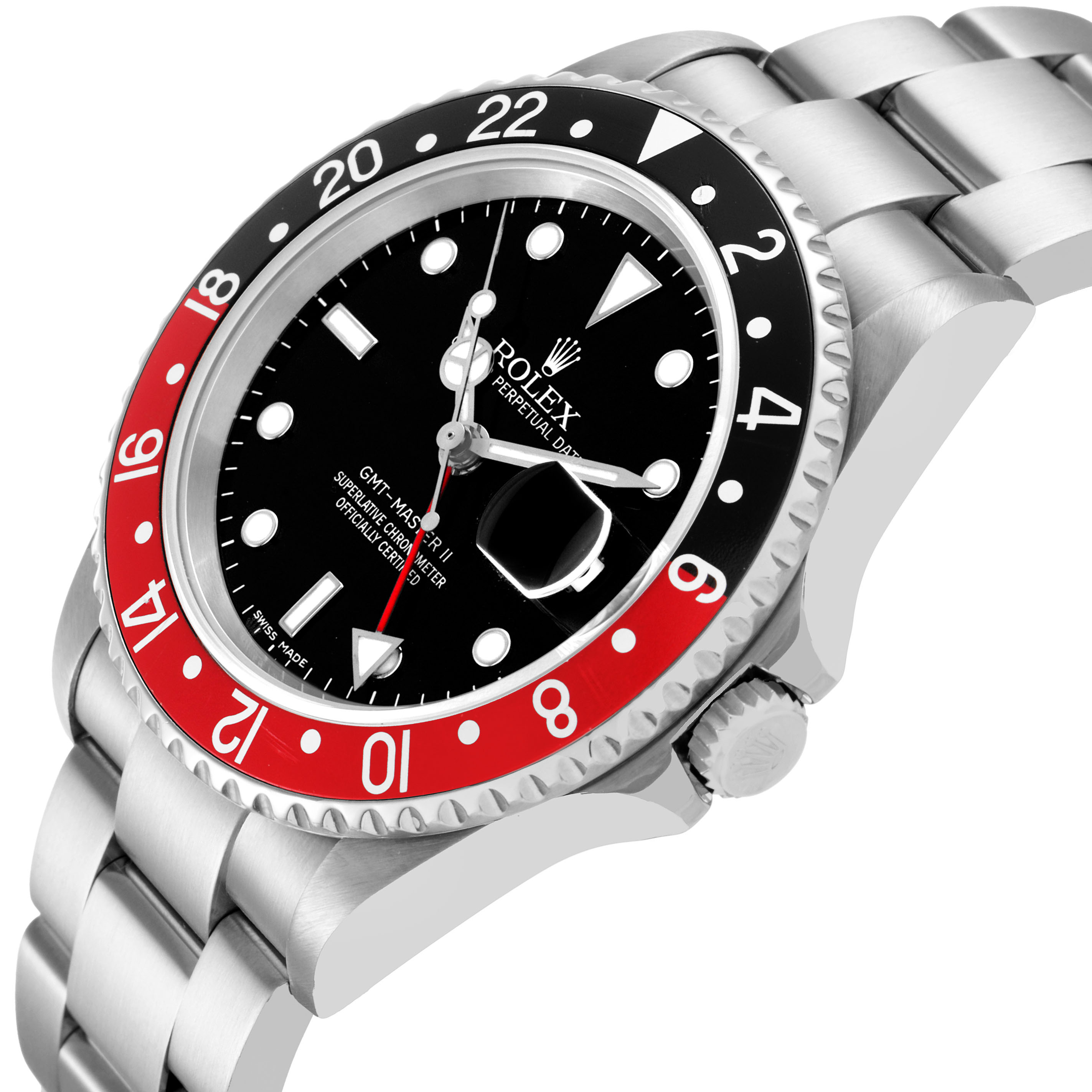 The Rolex GMT-Master 16710 Men's Stainless Steel Black Dial watch is shown at an angled side view, highlighting the bezel, dial, and part of the bracelet.