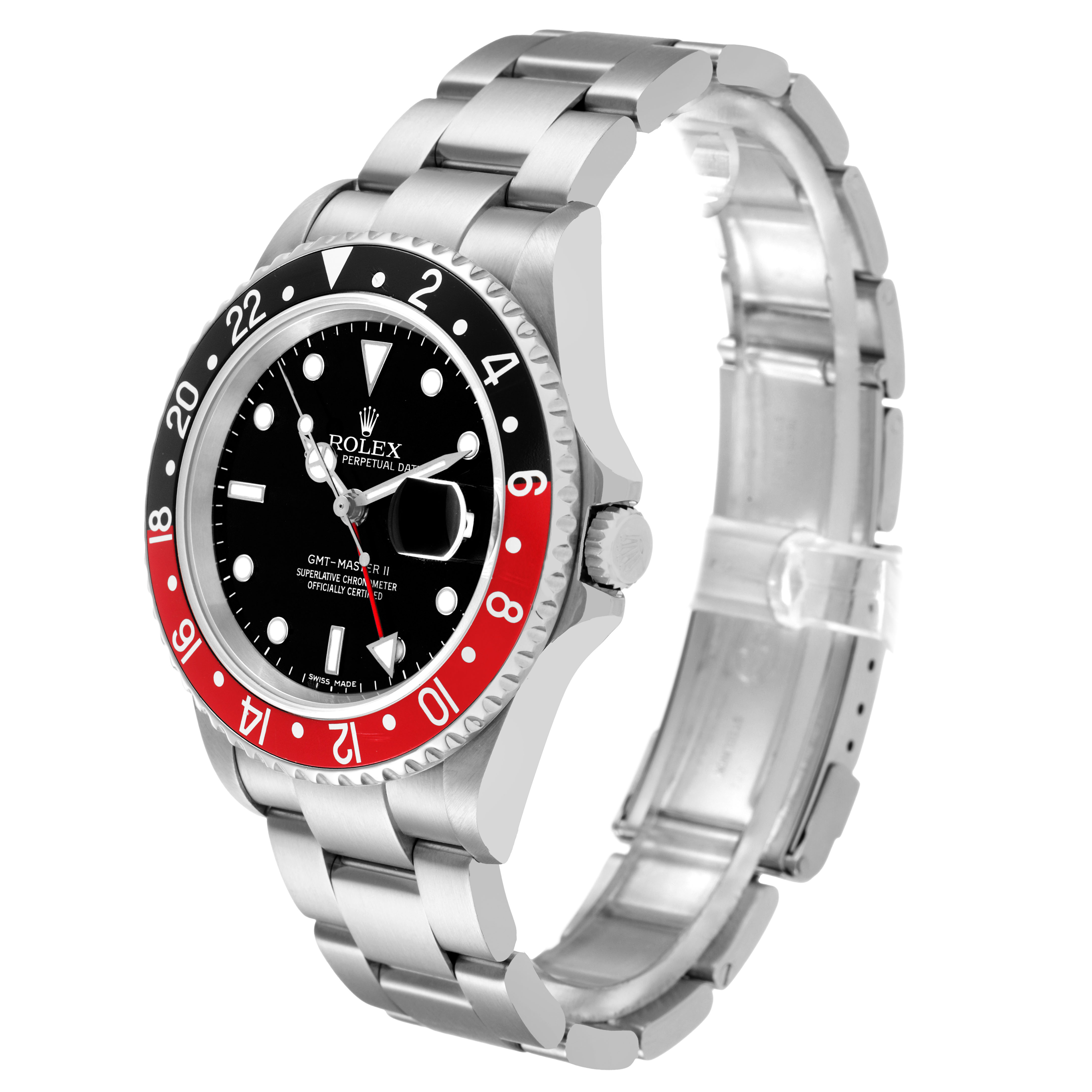 The Rolex GMT-Master 16710 Men's Stainless Steel Black Dial watch is shown at a three-quarter angle, highlighting the bezel, dial, and bracelet.