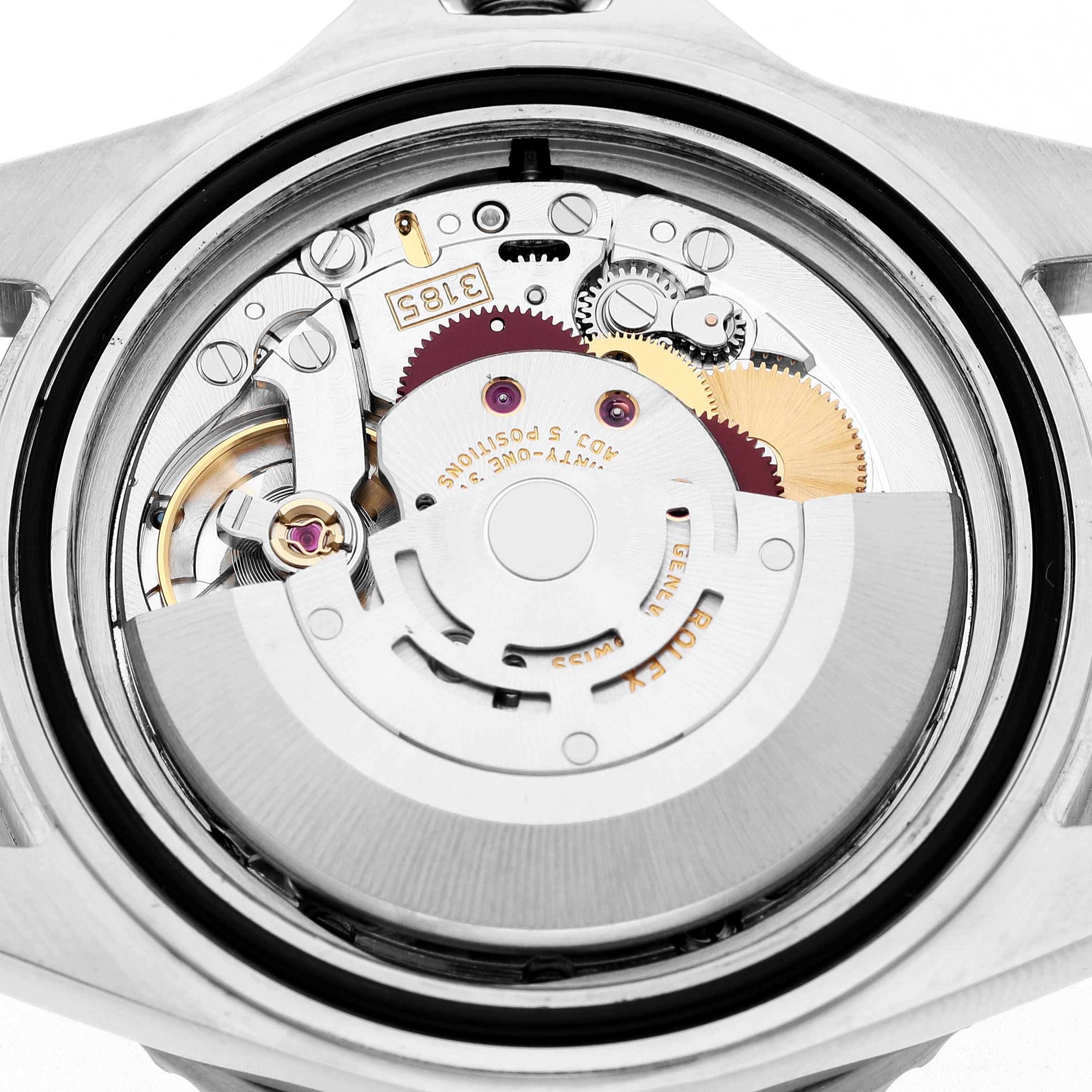 The image shows the back view of a Rolex GMT-Master 16710 Men's Stainless Steel Black Dial, highlighting the intricate movement and rotor.