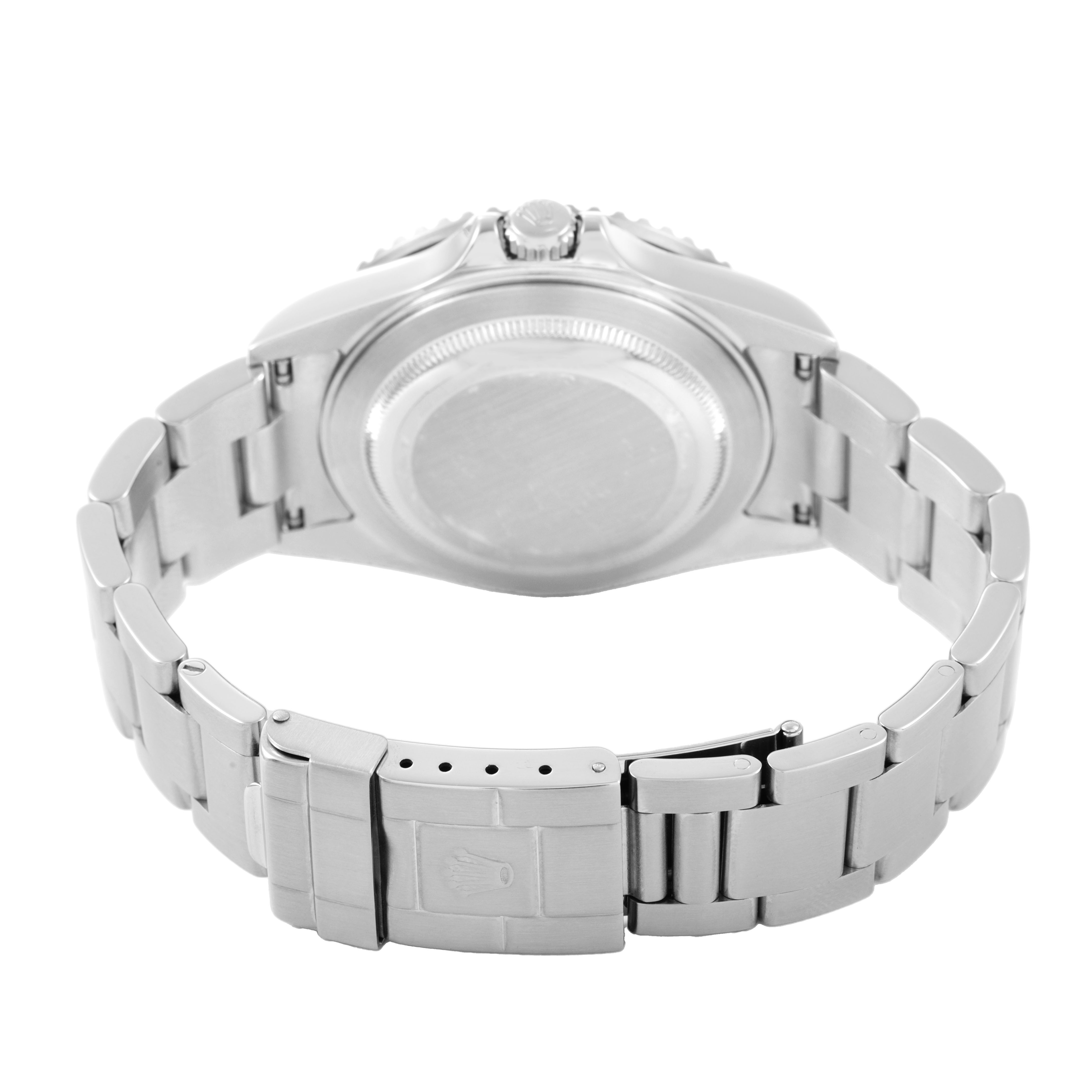 The image shows the back and bracelet of the Rolex GMT-Master 16710 Men's Stainless Steel Black Dial watch, with a focus on the case back and clasp.
