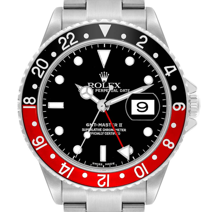 The Rolex GMT-Master II watch is shown from the front, highlighting the bezel, dial, hands, and date window.