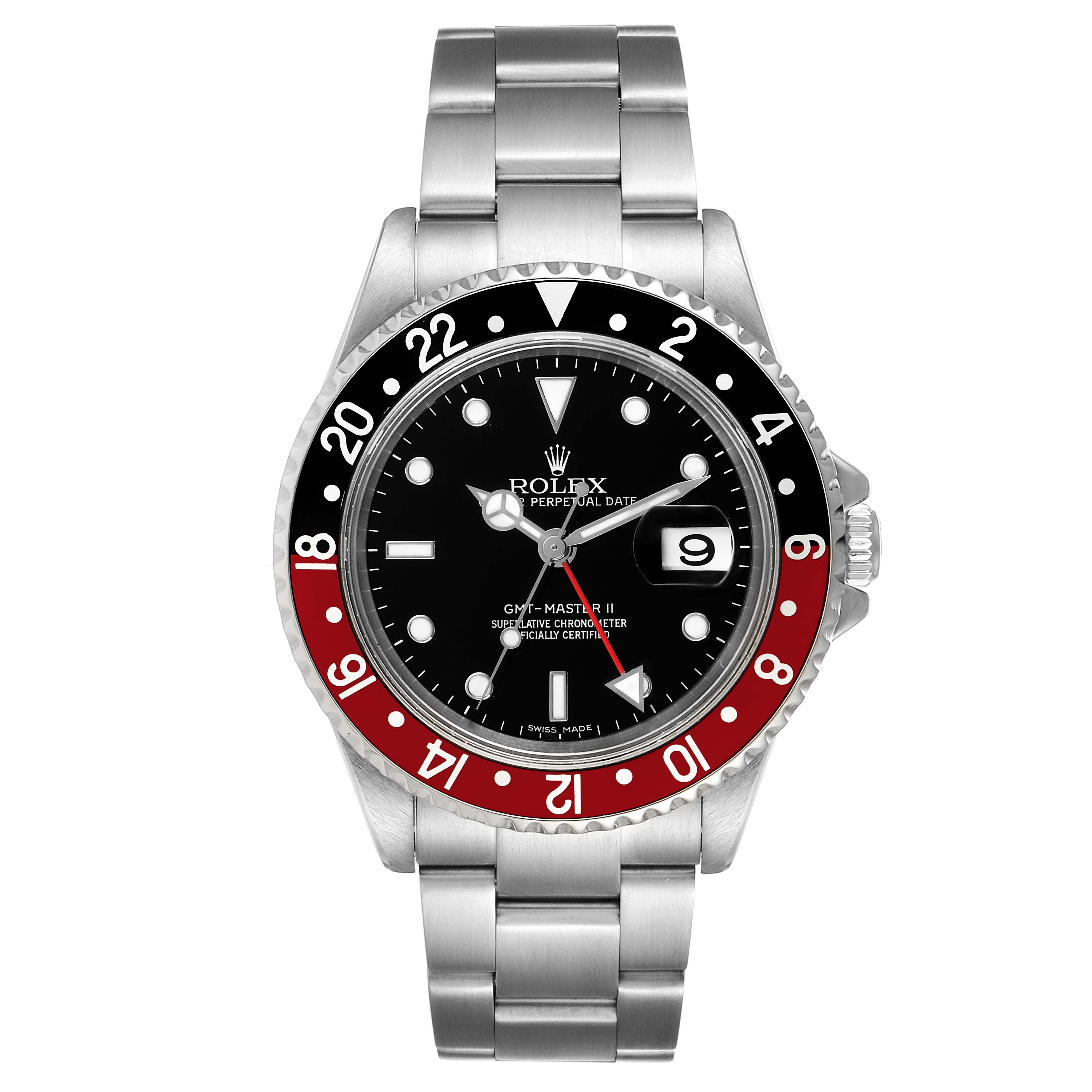The Rolex GMT-Master 16710 Men's Stainless Steel Black Dial 16710 Men's Stainless Steel Black Dial watch is shown from a straight-on angle, displaying its face, bezel, and part of the bracelet.