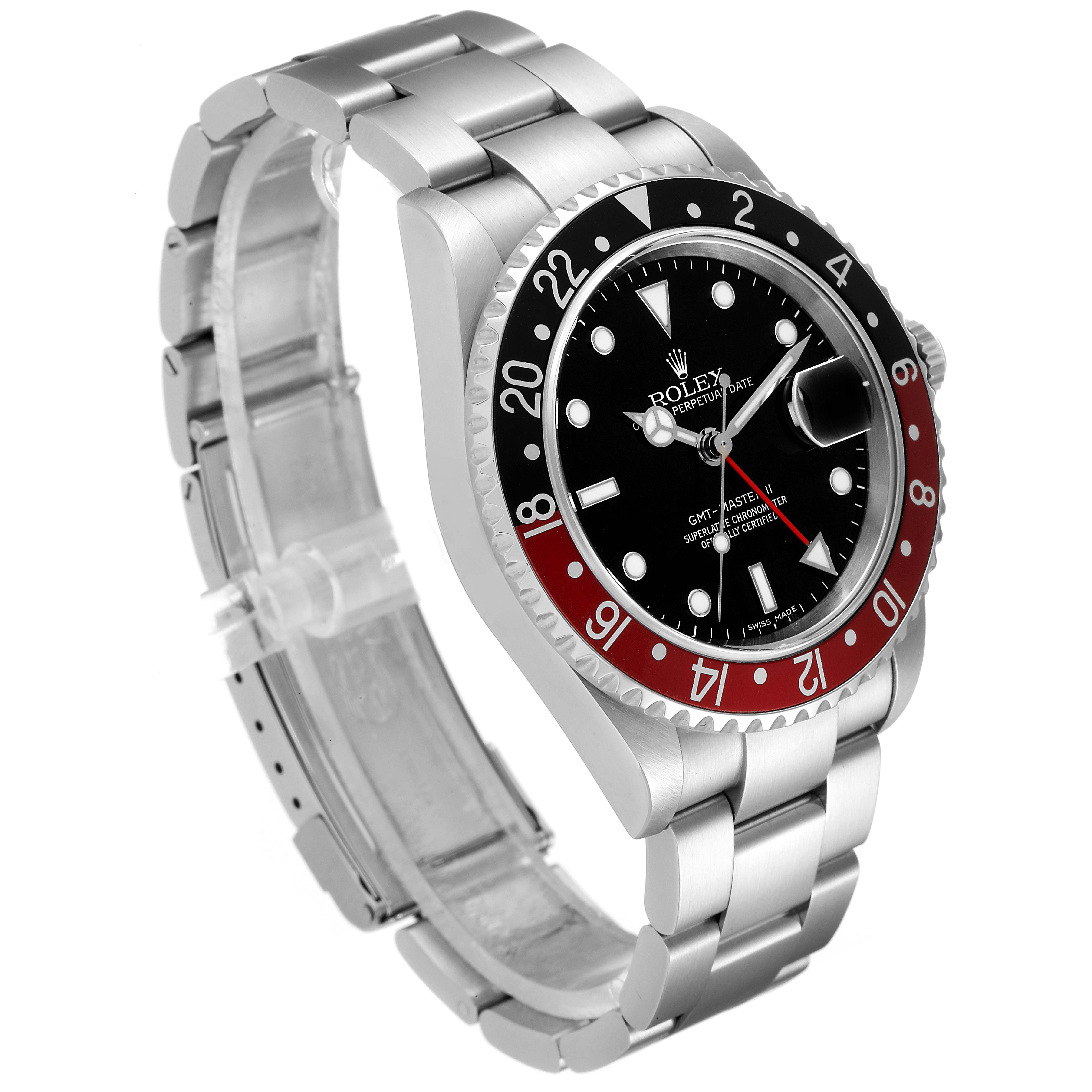 This image shows a Rolex GMT-Master 16710 Men's Stainless Steel Black Dial 16710 Men's Stainless Steel Black Dial watch at an angle highlighting its bezel, dial, and stainless steel bracelet.