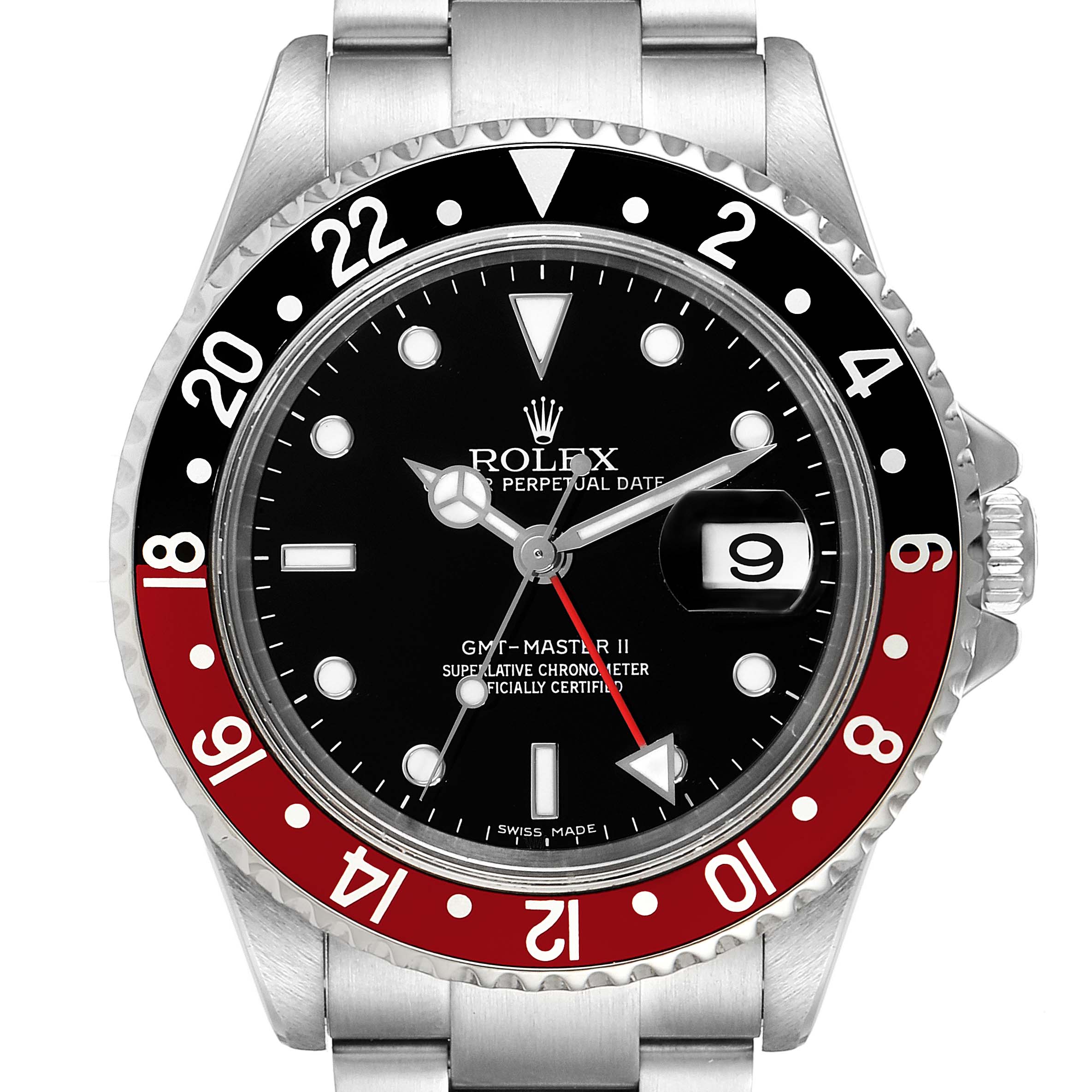 The Rolex GMT-Master 16710 Men's Stainless Steel Black Dial 16710 Men's Stainless Steel Black Dial watch is shown from the front, highlighting its dial, bezel, and bracelet.