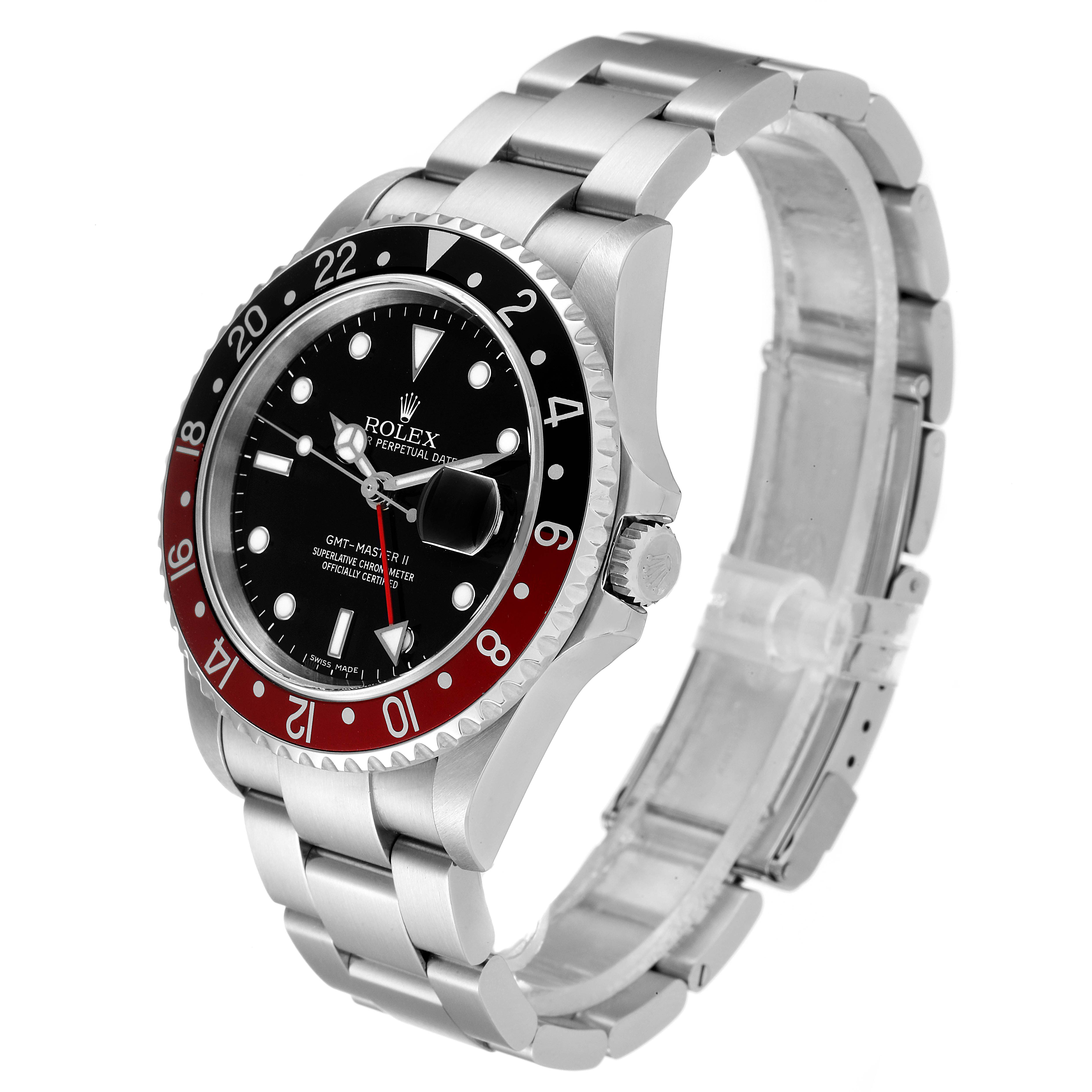The image shows an angled view of a Rolex GMT-Master 16710 Men's Stainless Steel Black Dial 16710 Men's Stainless Steel Black Dial watch, highlighting its bezel, dial, bracelet, and clasp.
