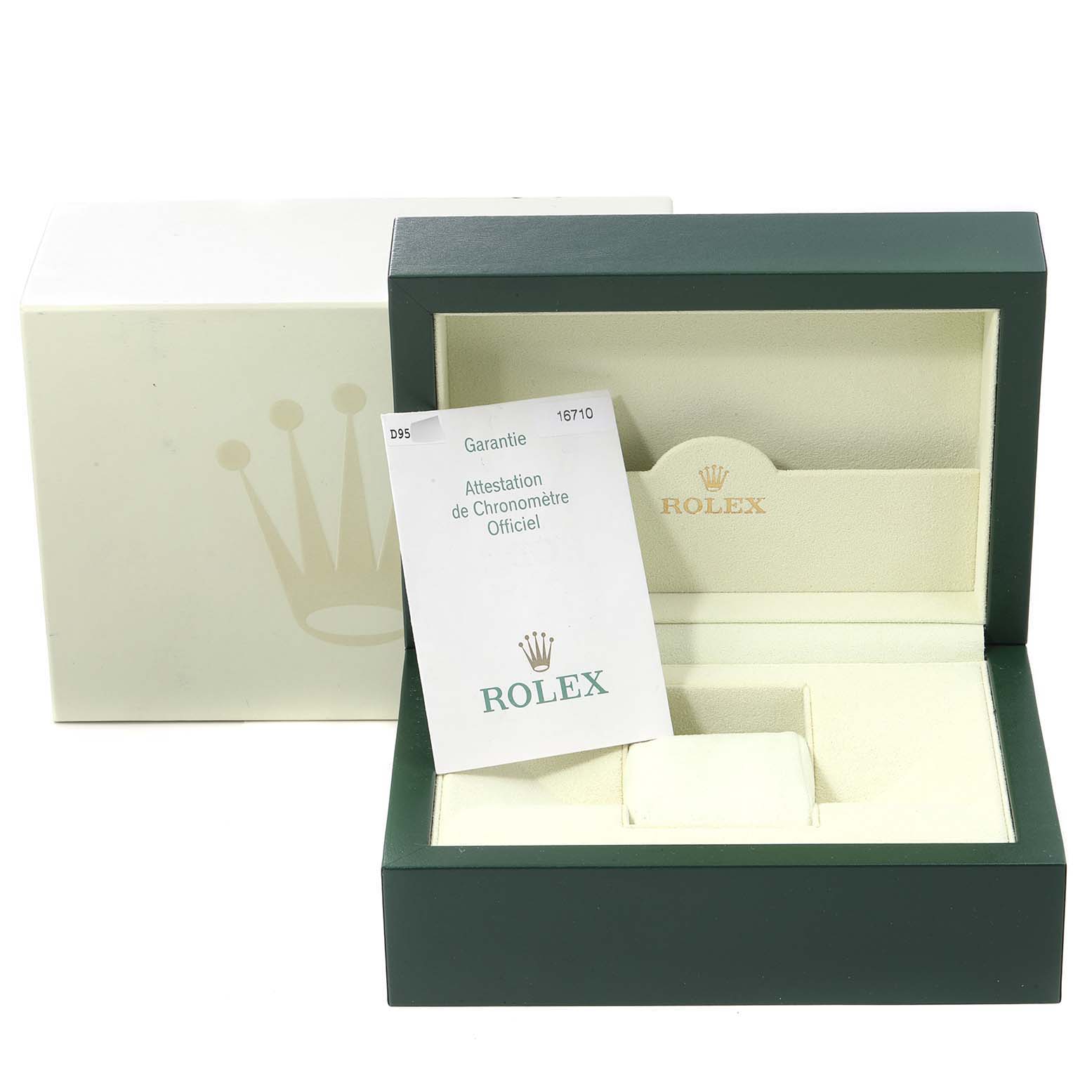 The image shows an open green Rolex box for the GMT-Master model with an official chronometer certificate.