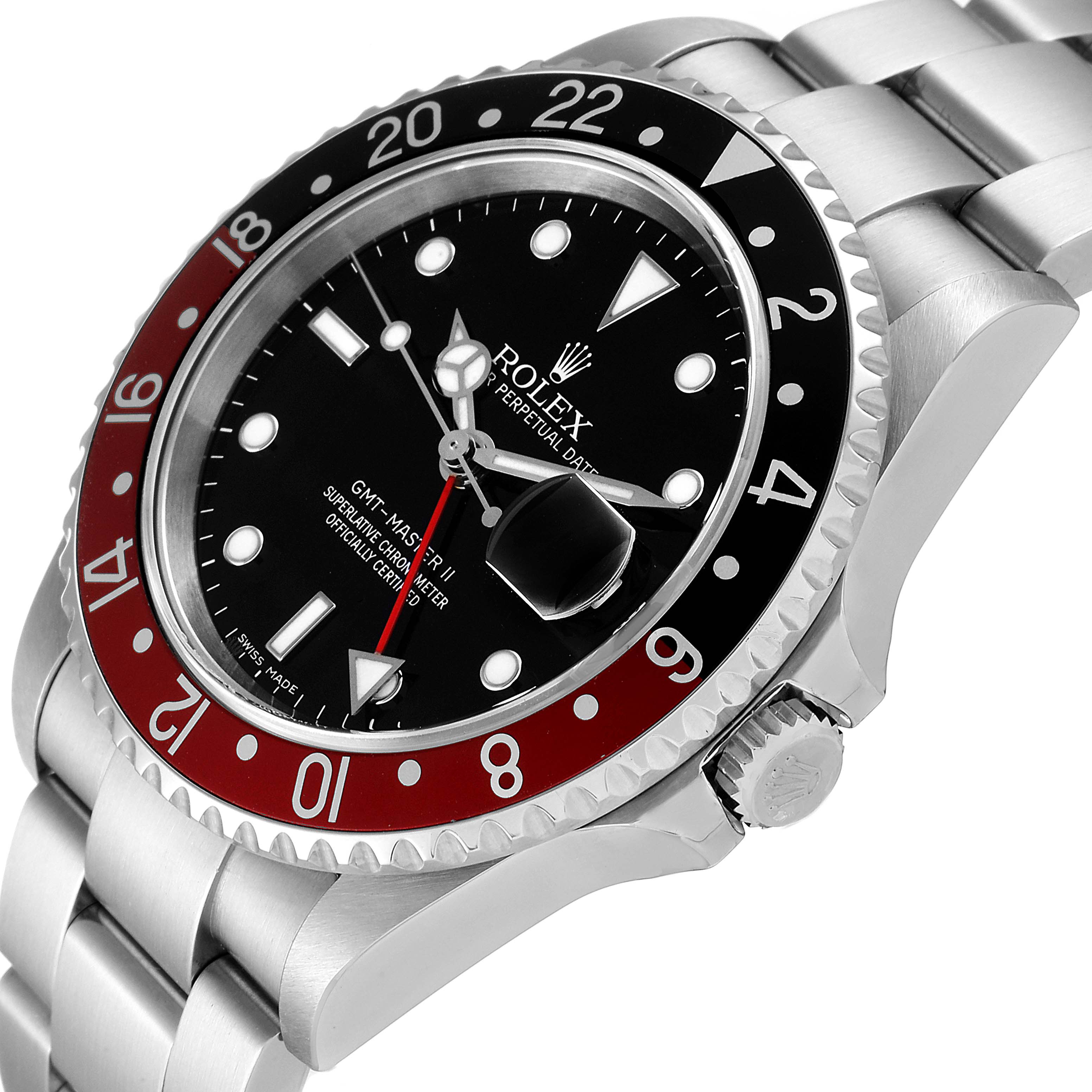 This image shows a Rolex GMT-Master 16710 Men's Stainless Steel Black Dial 16710 Men's Stainless Steel Black Dial II watch at an angle displaying the dial, bezel, and part of the bracelet.