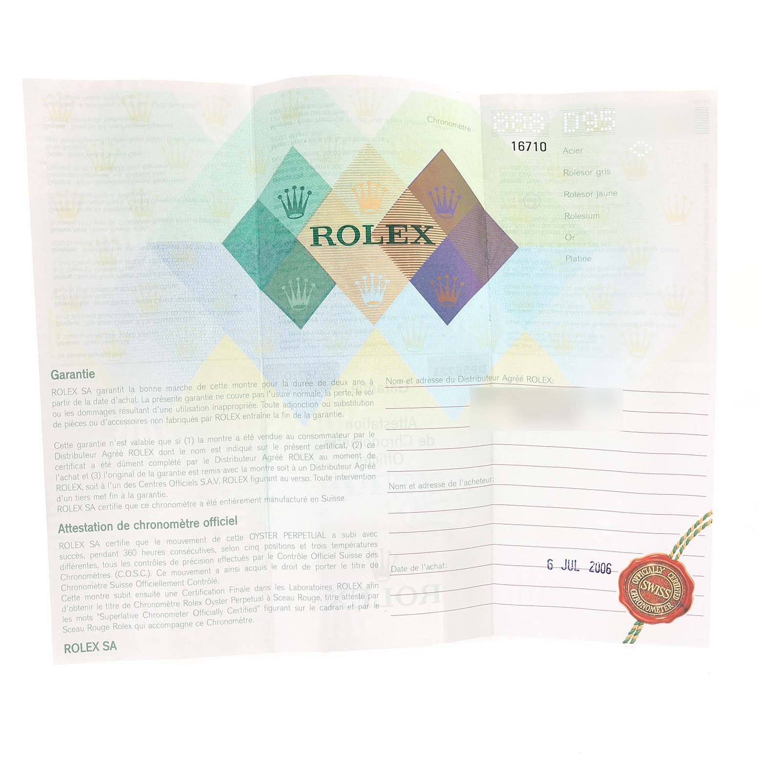 The image shows the warranty and certification paperwork for a Rolex GMT-Master 16710 Men's Stainless Steel Black Dial 16710 Men's Stainless Steel Black Dial watch, including the model number "16710" and a seal.