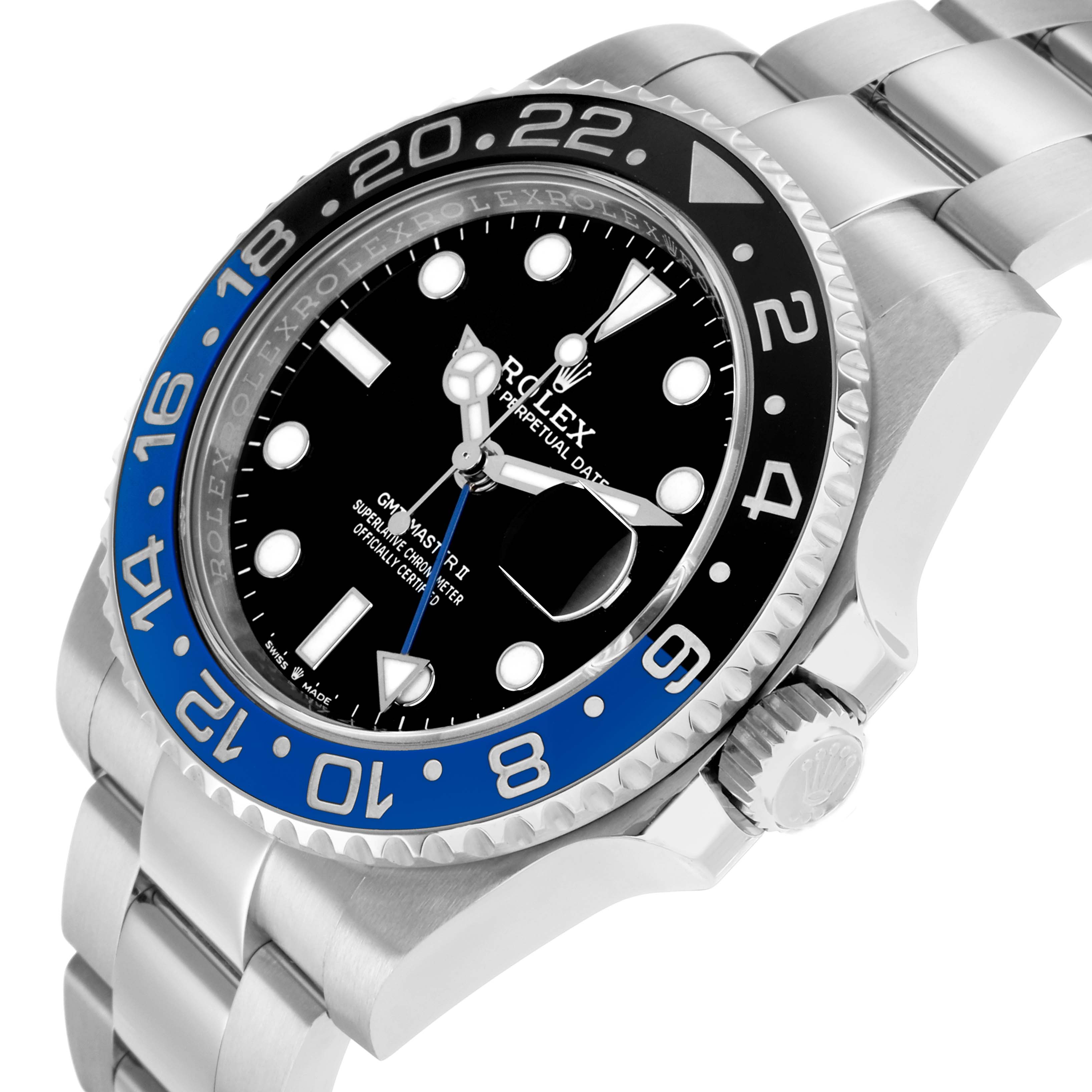 The Rolex GMT-Master 126710 Men
s Stainless Steel Black Dial watch is shown at a side angle displaying the bezel, crown, dial, and part of the bracelet.