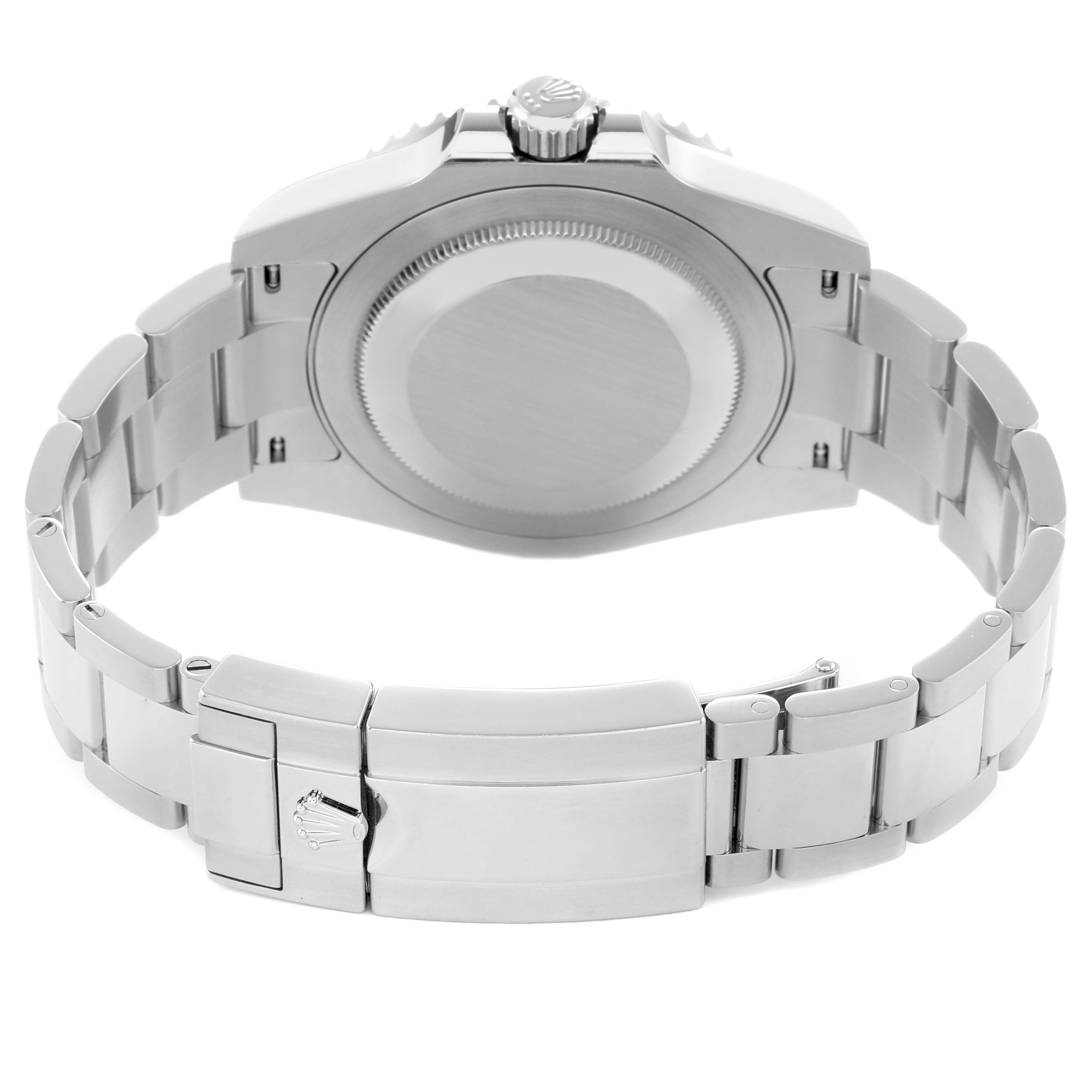 The image shows the back and clasp of the Rolex GMT-Master 126710 Men
s Stainless Steel Black Dial watch, highlighting the bracelet and case back.