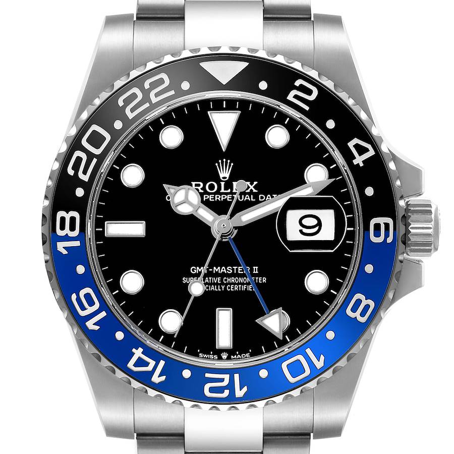 The Rolex GMT-Master 126710 Men's Stainless Steel Black Dial II watch is shown from the front, highlighting its bezel, dial, hands, and date window.