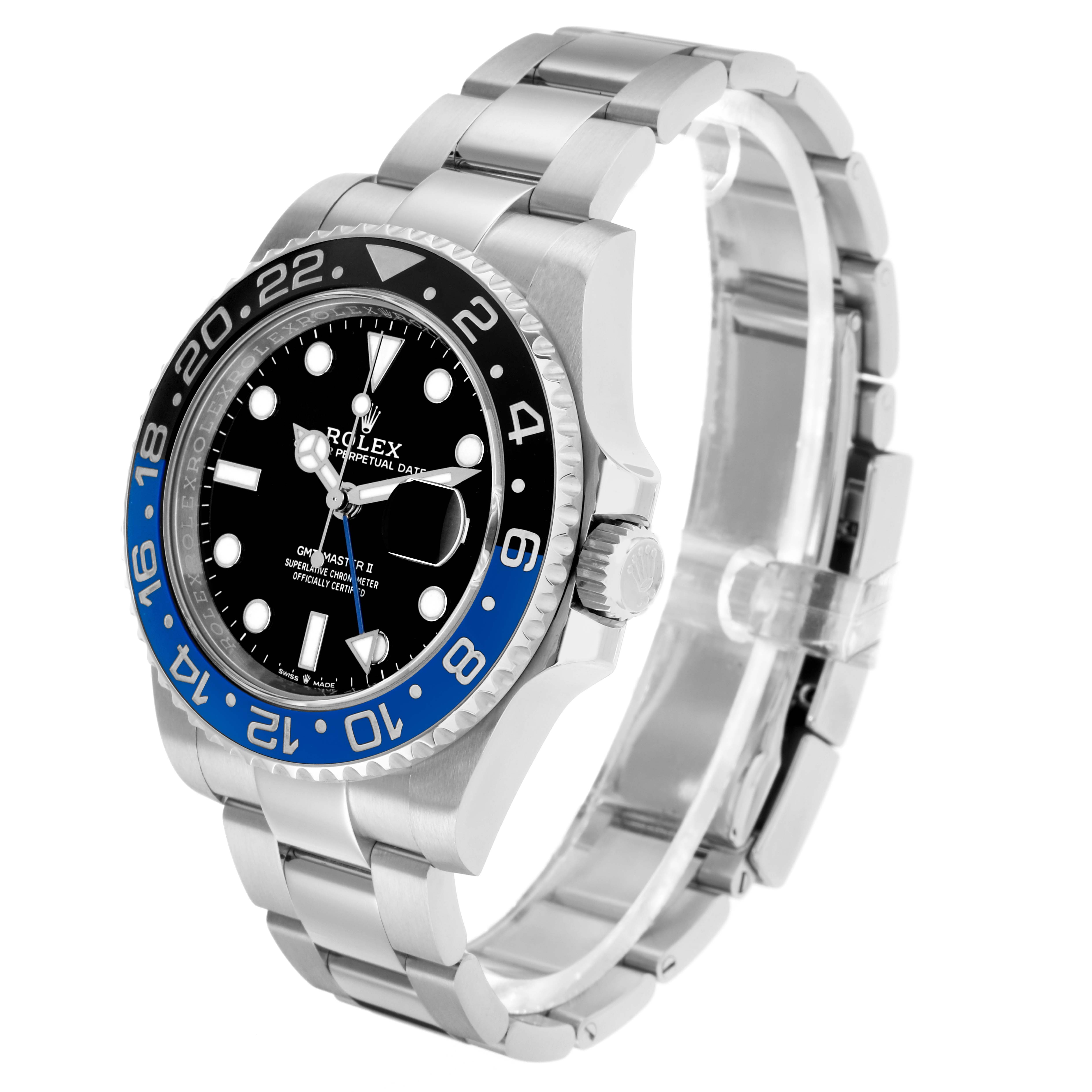 The Rolex GMT-Master 126710 Men
s Stainless Steel Black Dial model is shown at a three-quarter angle, displaying its bezel, dial, crown, and bracelet.