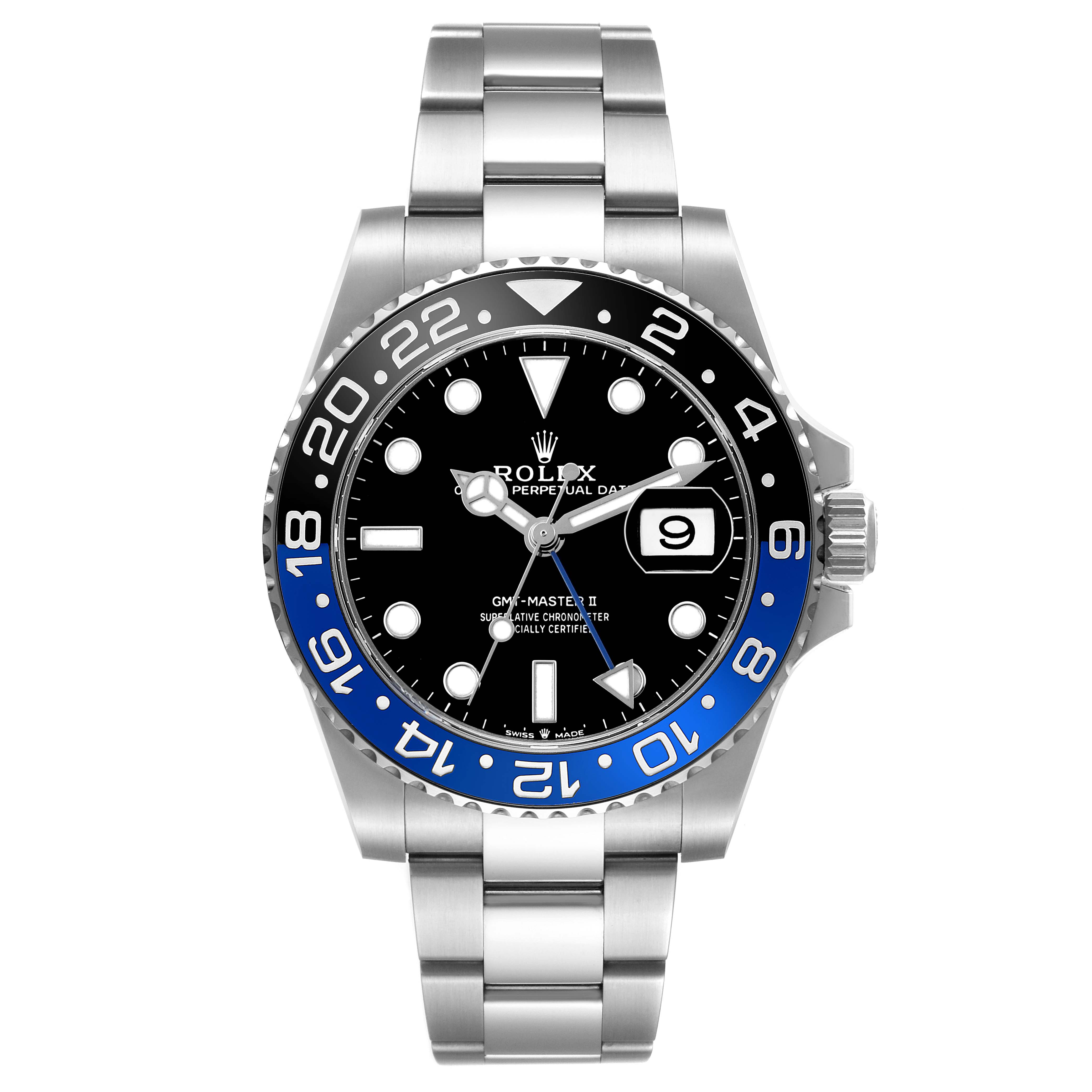 The Rolex GMT-Master 126710 Men
s Stainless Steel Black Dial watch is shown from a front angle, displaying its dial, bezel, hands, bracelet, and date feature.