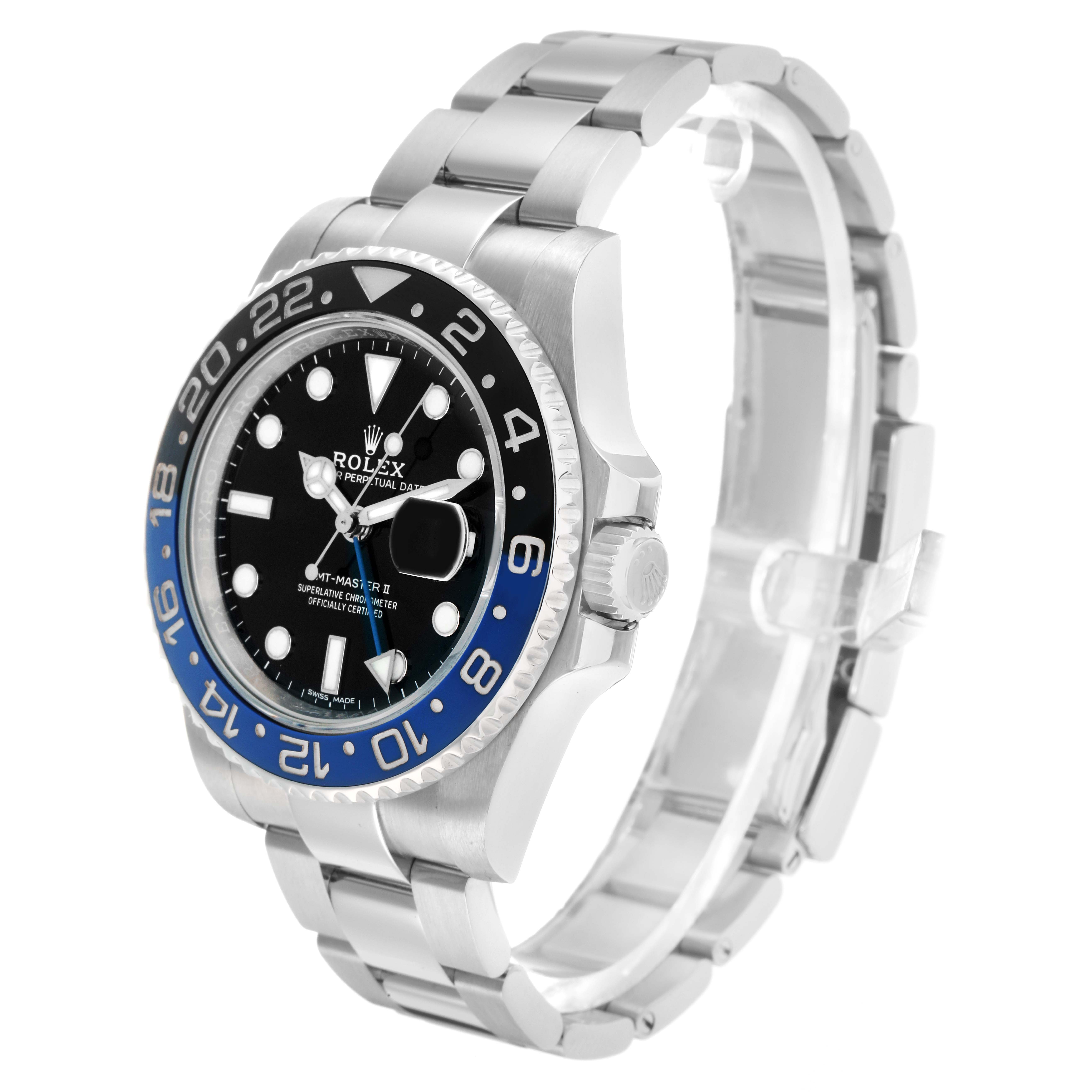 The Rolex GMT-Master 116710BLNR Men's Stainless Steel Black Dial watch is shown at an angled side view, highlighting the bezel, crown, and bracelet.