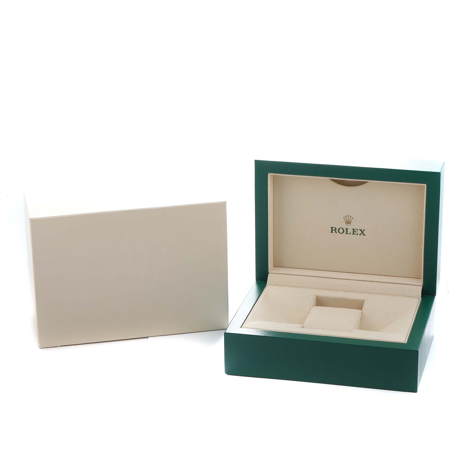 The image shows an open Rolex GMT-Master 116710BLNR Men's Stainless Steel Black Dial watch box at an angle, displaying the interior and brand logo.