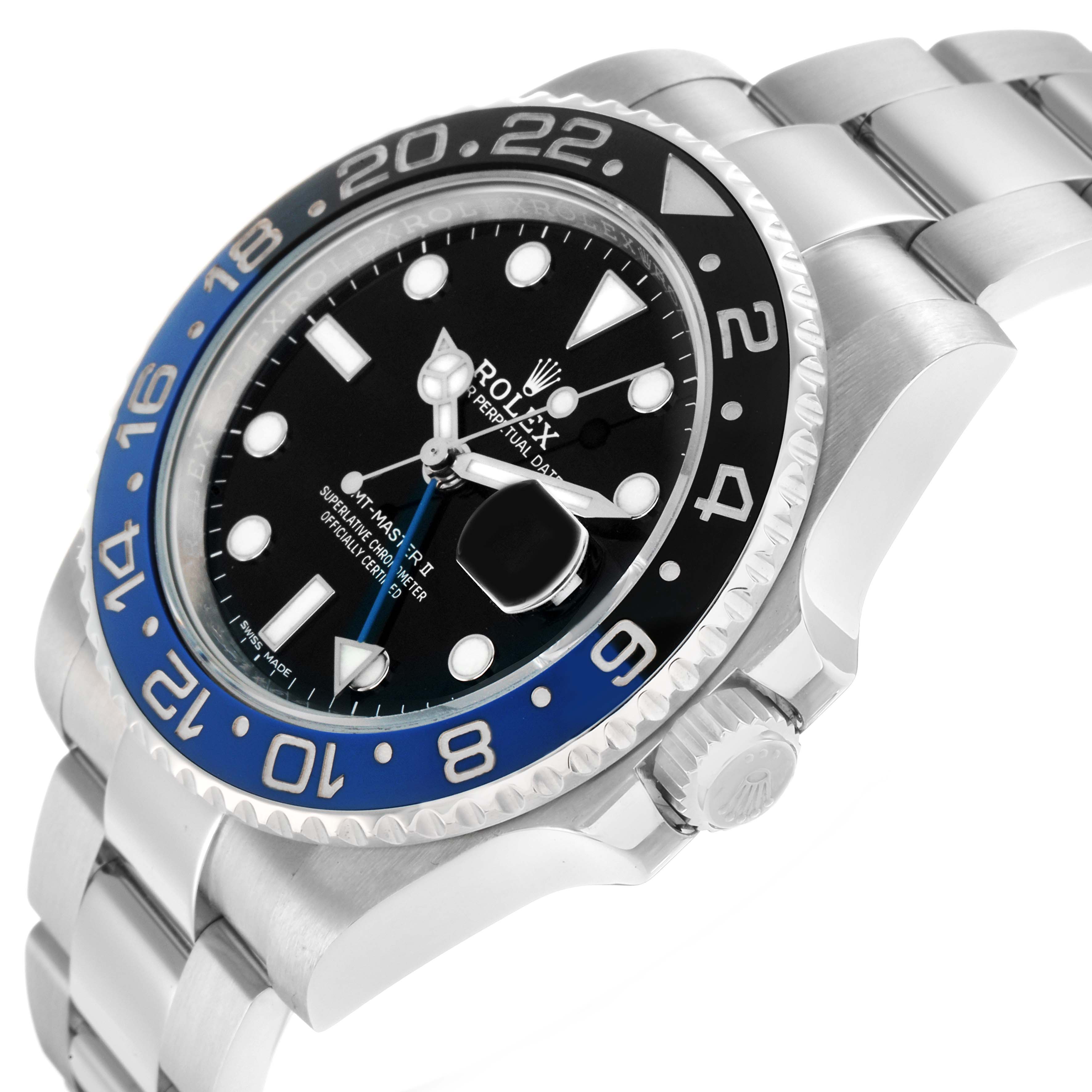 The Rolex GMT-Master 116710BLNR Men's Stainless Steel Black Dial watch is shown at an angled view, displaying its bezel, face, crown, and part of the bracelet.