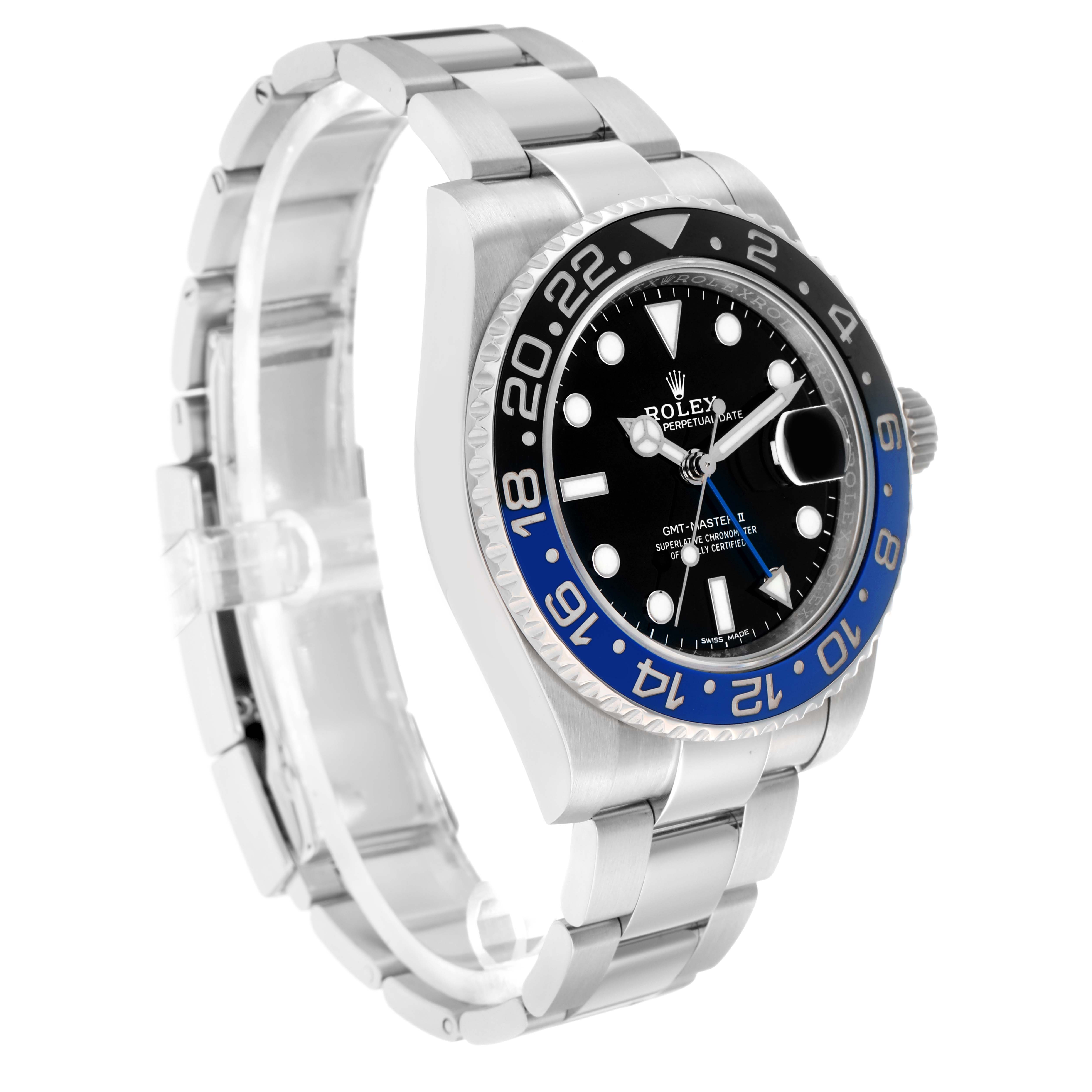The Rolex GMT-Master 116710BLNR Men's Stainless Steel Black Dial watch is shown at a three-quarter angle, highlighting the bezel, dial, case, and bracelet.