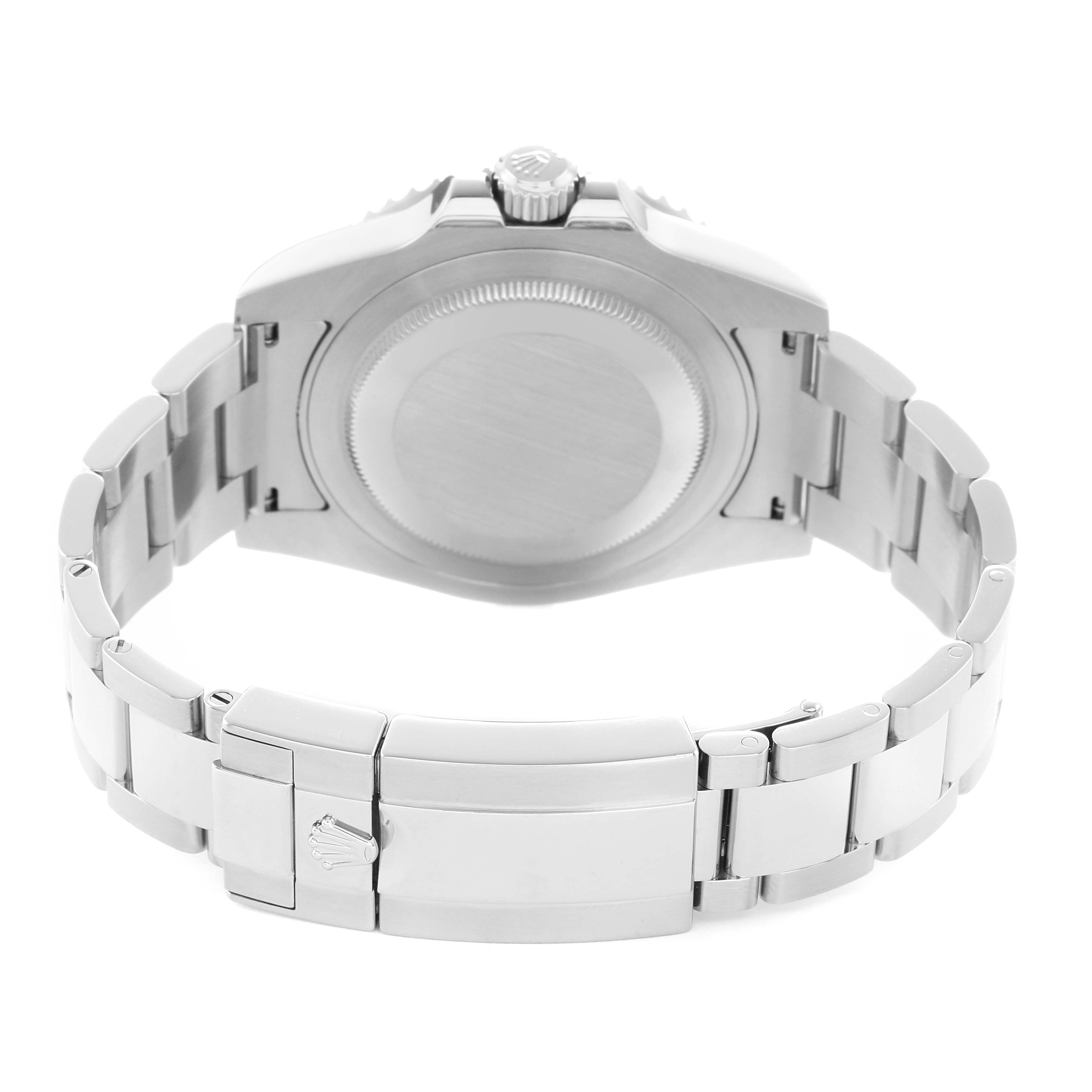 The image shows the back of a Rolex GMT-Master 116710BLNR Men's Stainless Steel Black Dial watch highlighting the case back, crown, and part of the bracelet.