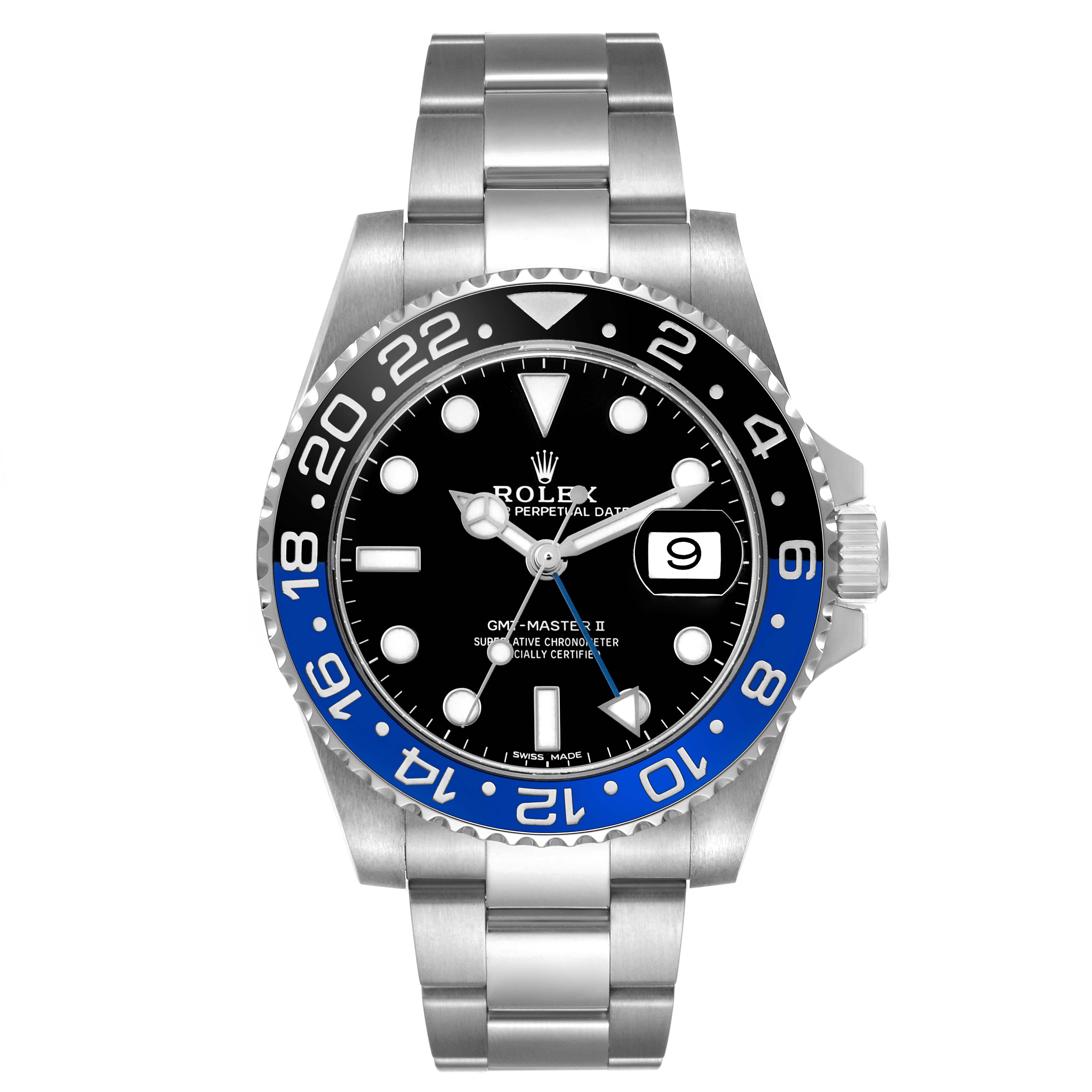 The Rolex GMT-Master 116710BLNR Men's Stainless Steel Black Dial II watch is shown from a front angle, highlighting the bezel, dial, and bracelet.
