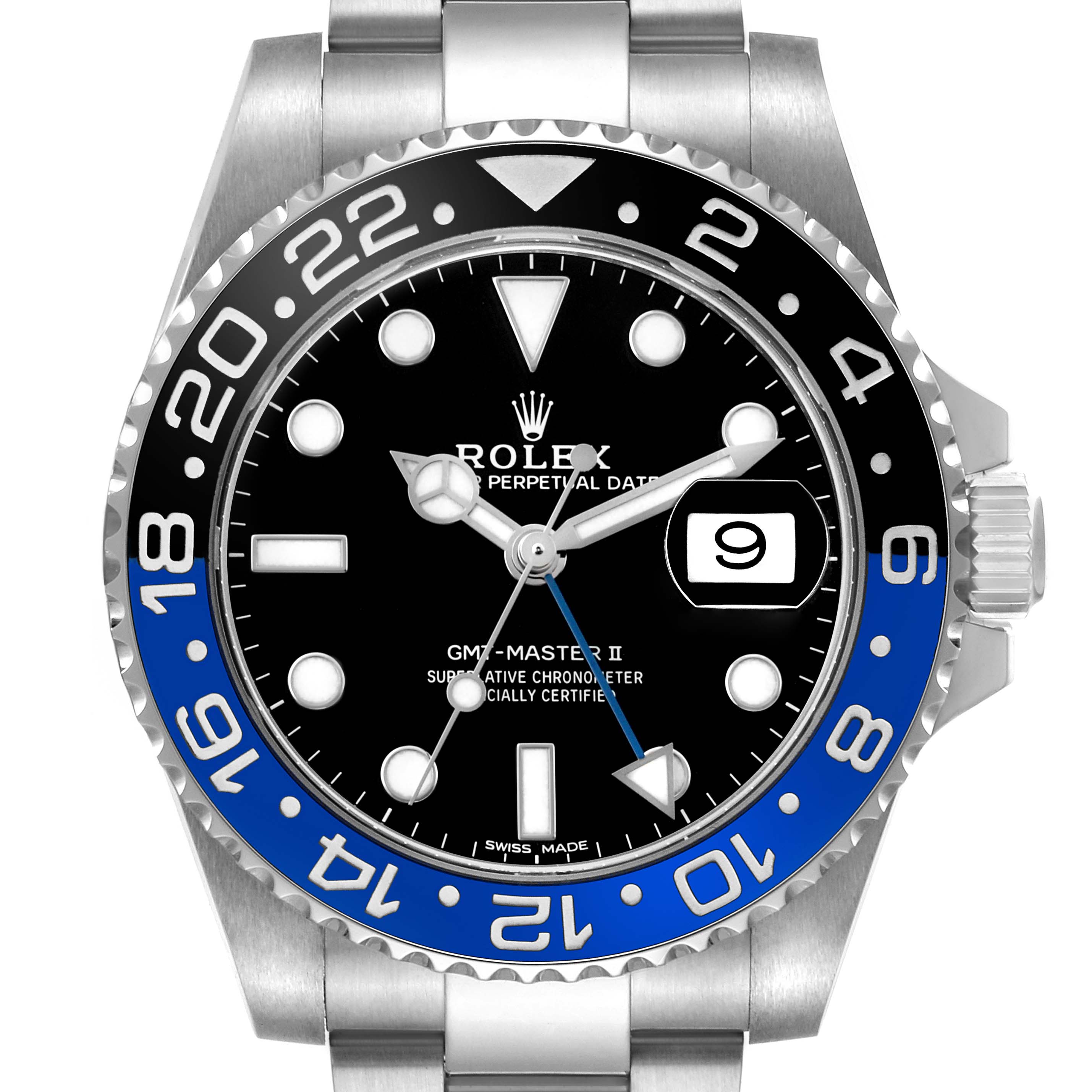 The Rolex GMT-Master 116710BLNR Men's Stainless Steel Black Dial watch is shown from the front, highlighting the bezel, dial, hands, and crown.