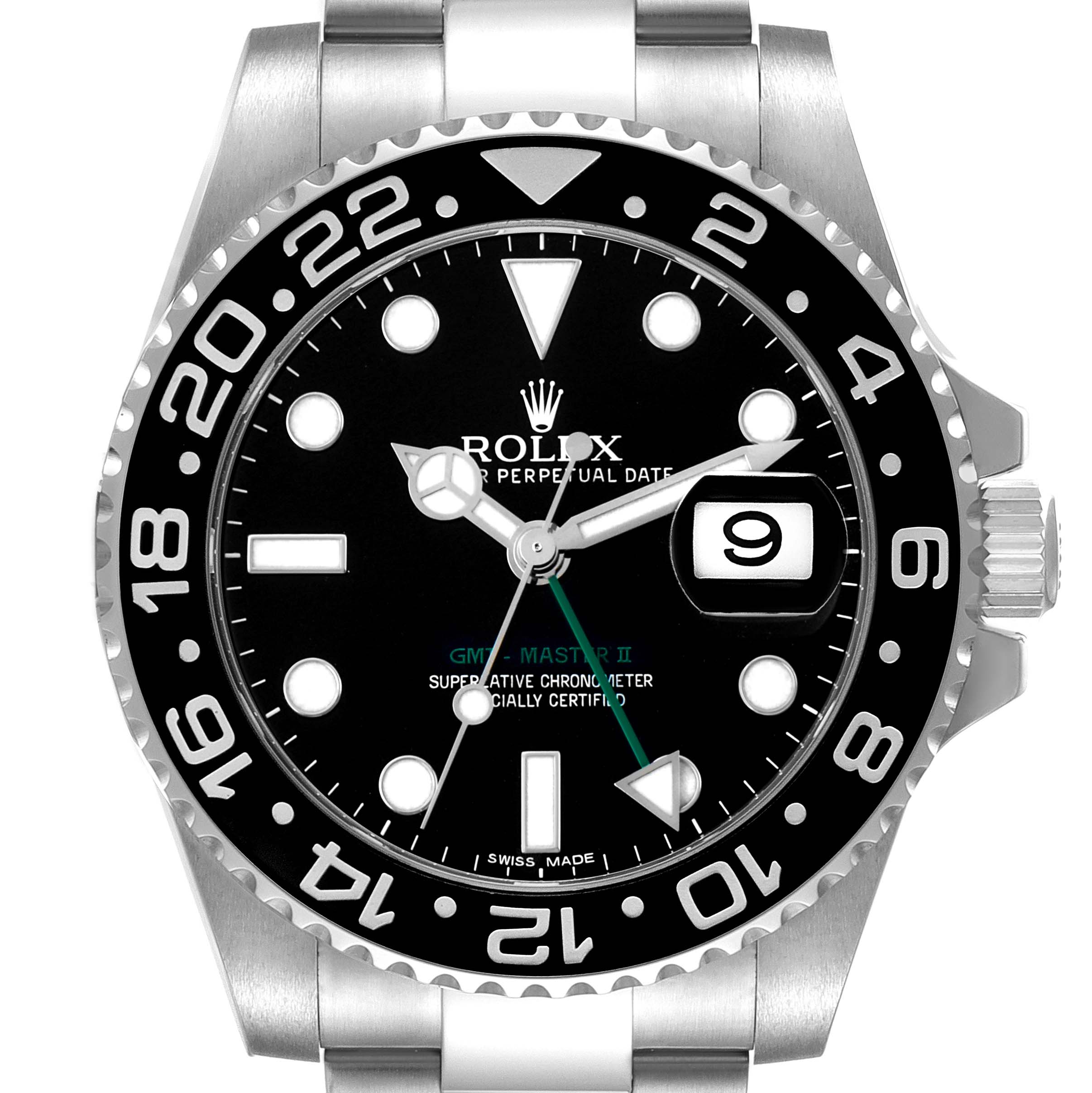 The Rolex GMT-Master 116710 Men's Stainless Steel Black Dial watch is shown from a front angle, displaying the bezel, dial, and date window.