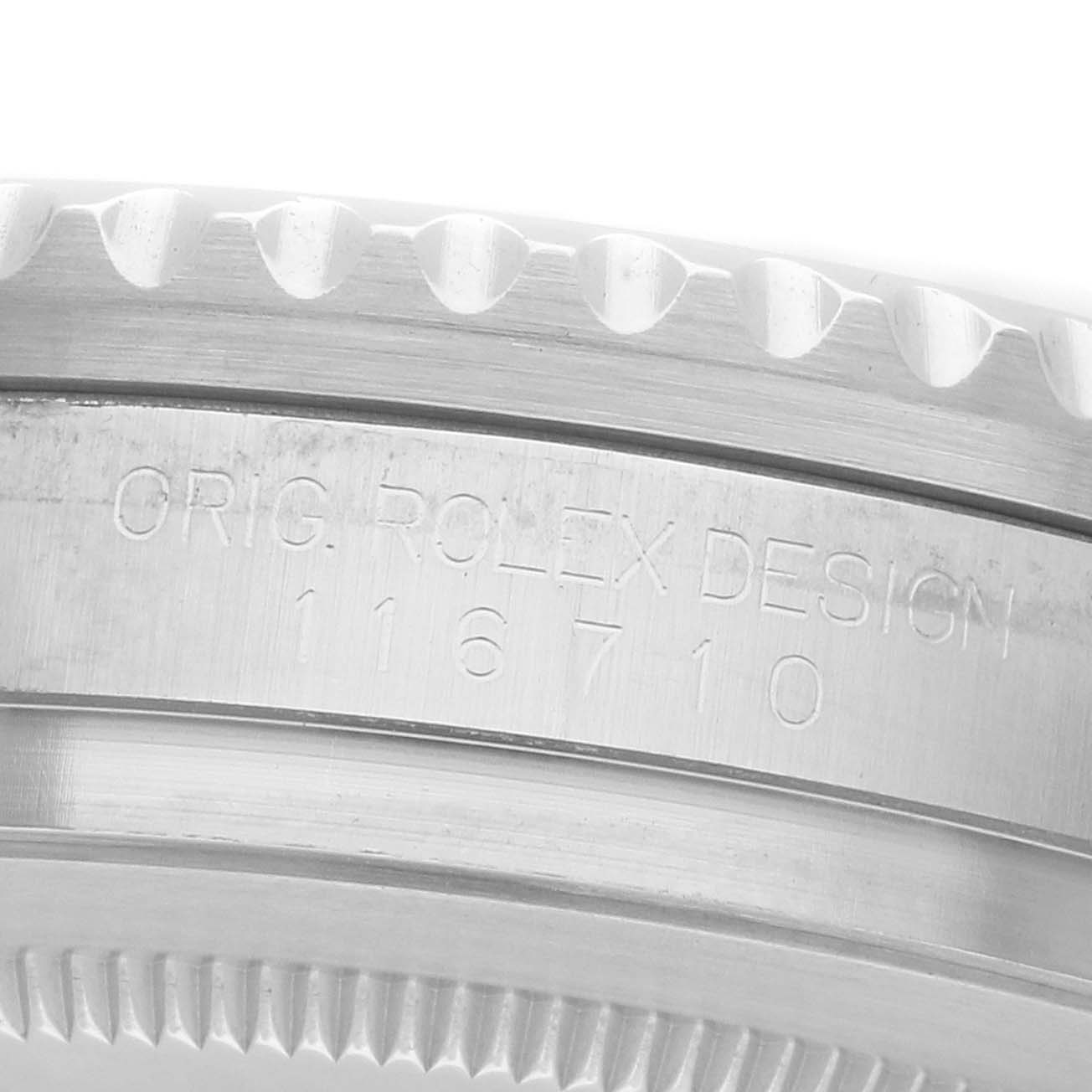 The image shows a close-up of the case side and bezel of a Rolex GMT-Master 116710 Men's Stainless Steel Black Dial, highlighting the engraved model number.