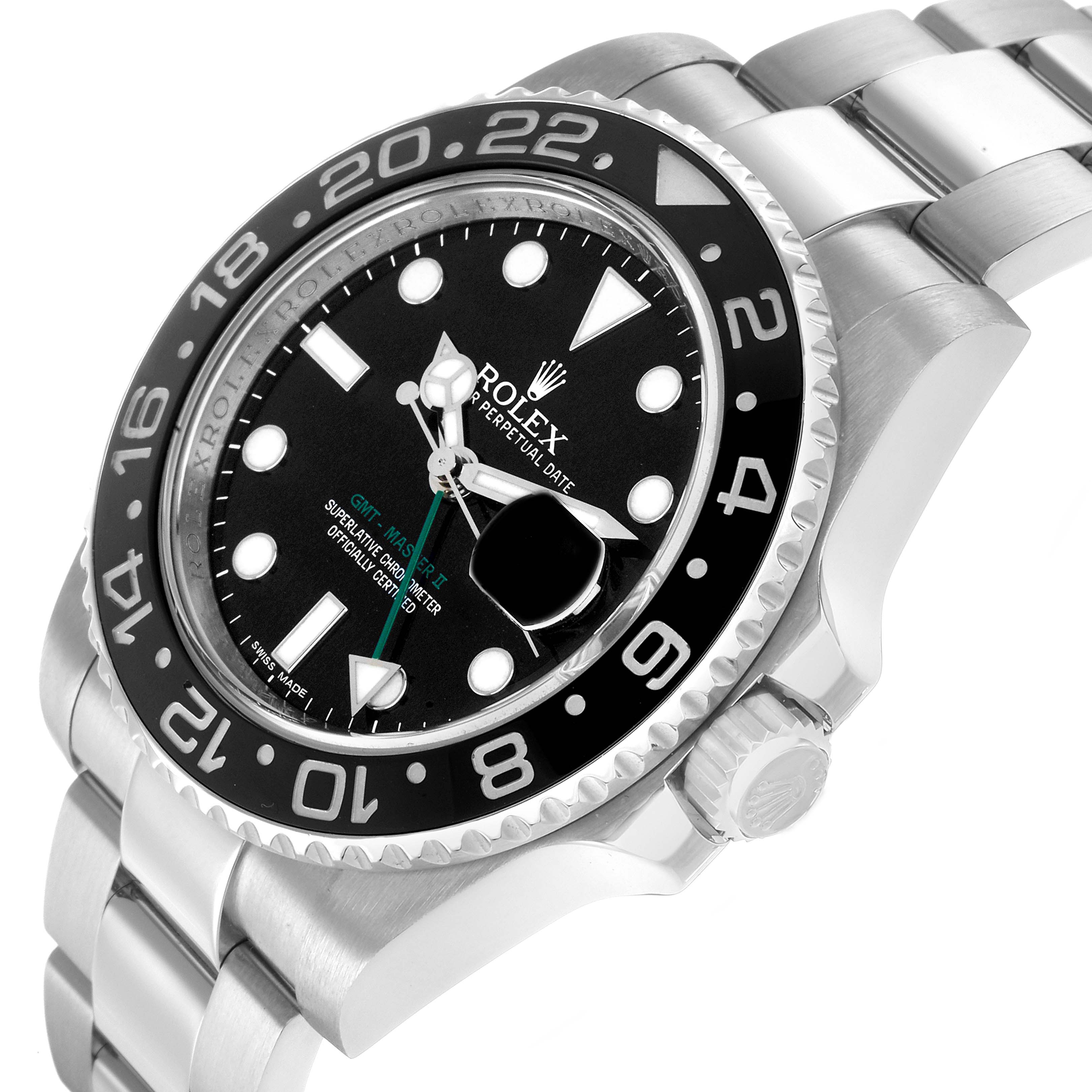 The Rolex GMT-Master 116710 Men's Stainless Steel Black Dial watch is shown at an angled view, highlighting the bezel, dial, crown, and part of the bracelet.