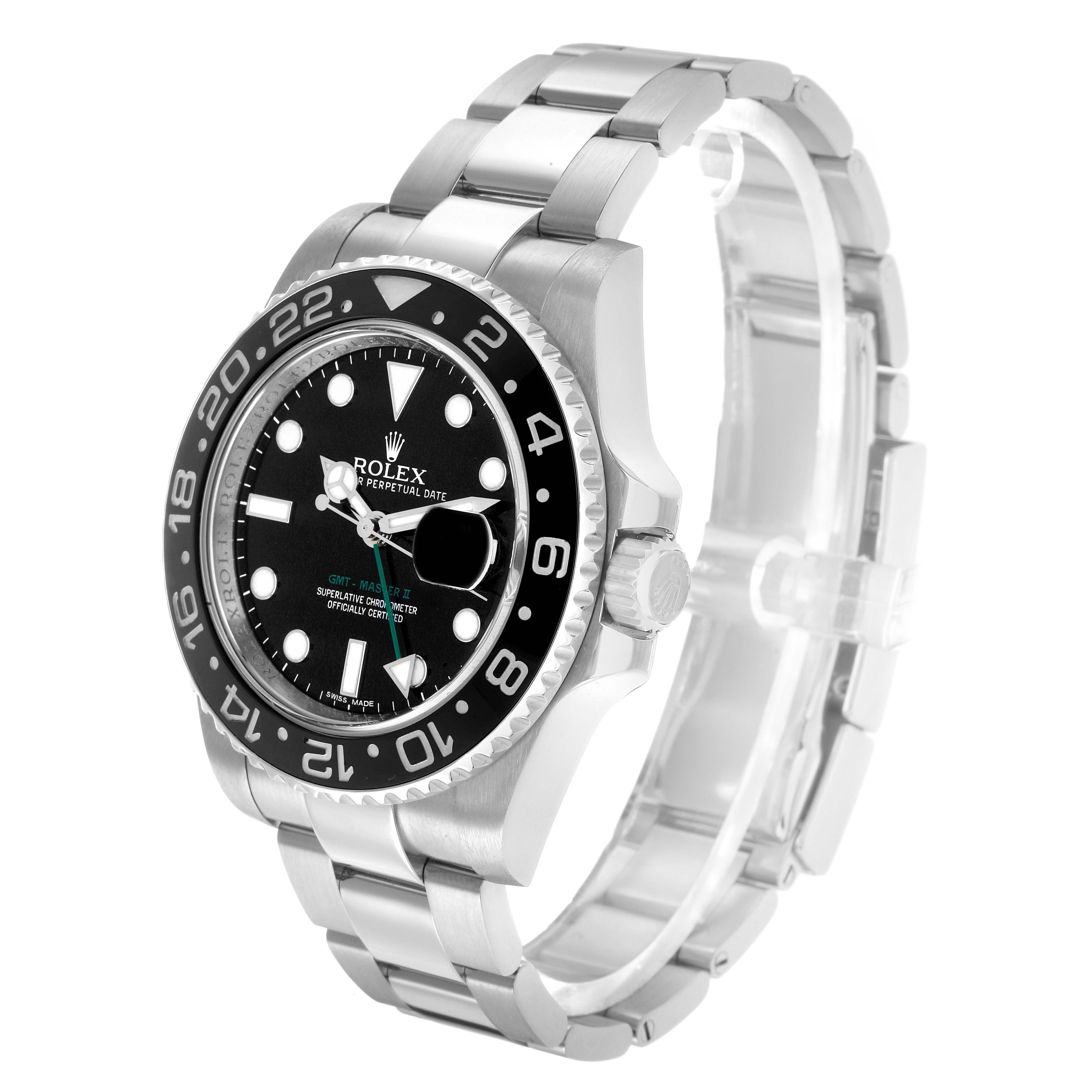 The Rolex GMT-Master 116710 Men's Stainless Steel Black Dial watch is shown at an angled side view, highlighting the bezel, dial, crown, and band.