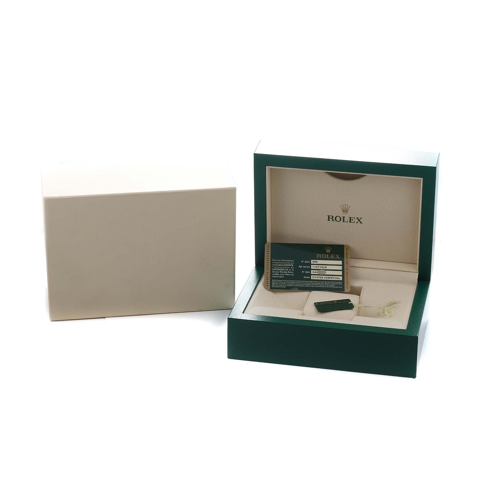 The image shows the open packaging for a Rolex GMT-Master 116710 Men's Stainless Steel Black Dial, including the inner box and warranty card.