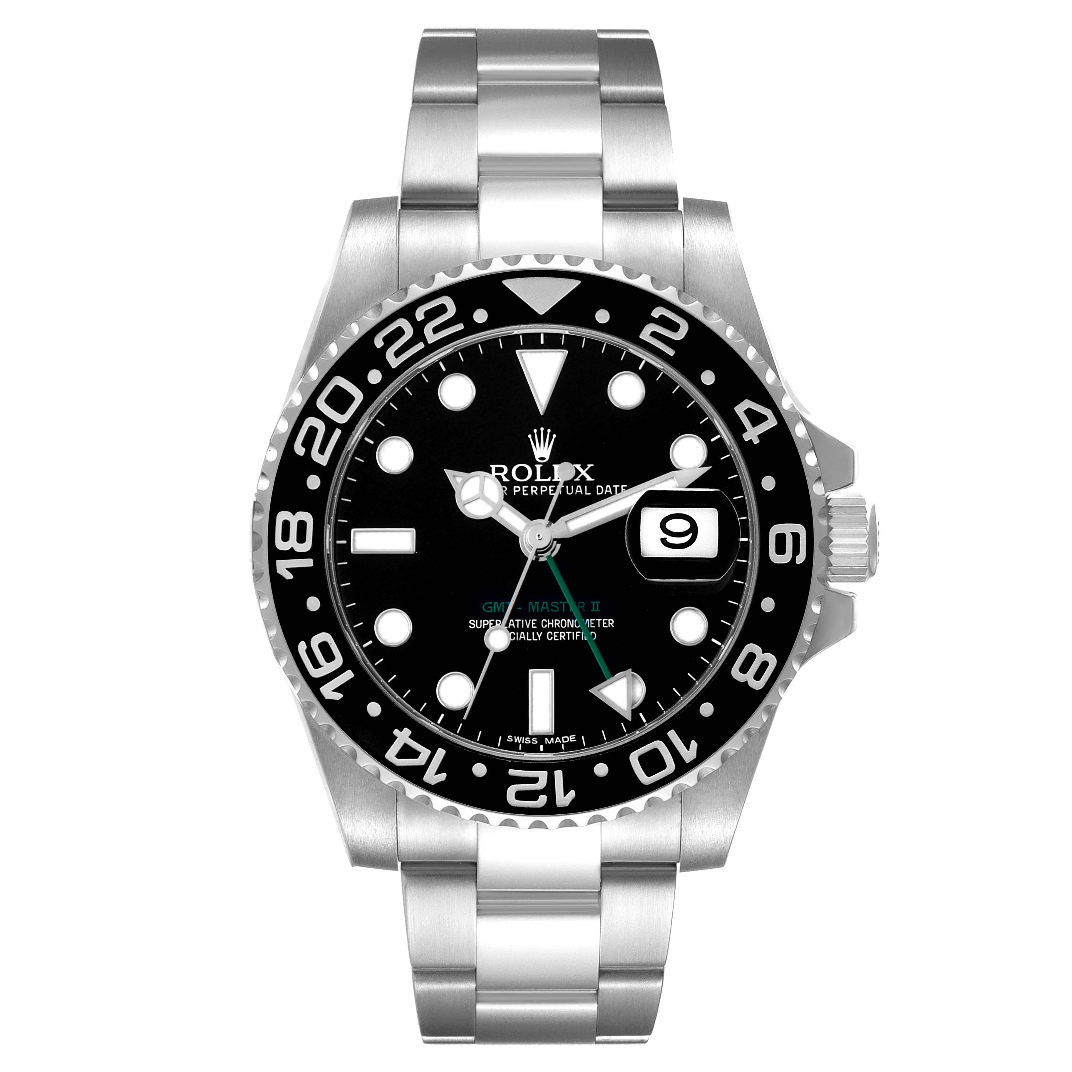 The Rolex GMT-Master 116710 Men's Stainless Steel Black Dial model is shown from a front angle, highlighting the bezel, dial, and bracelet.