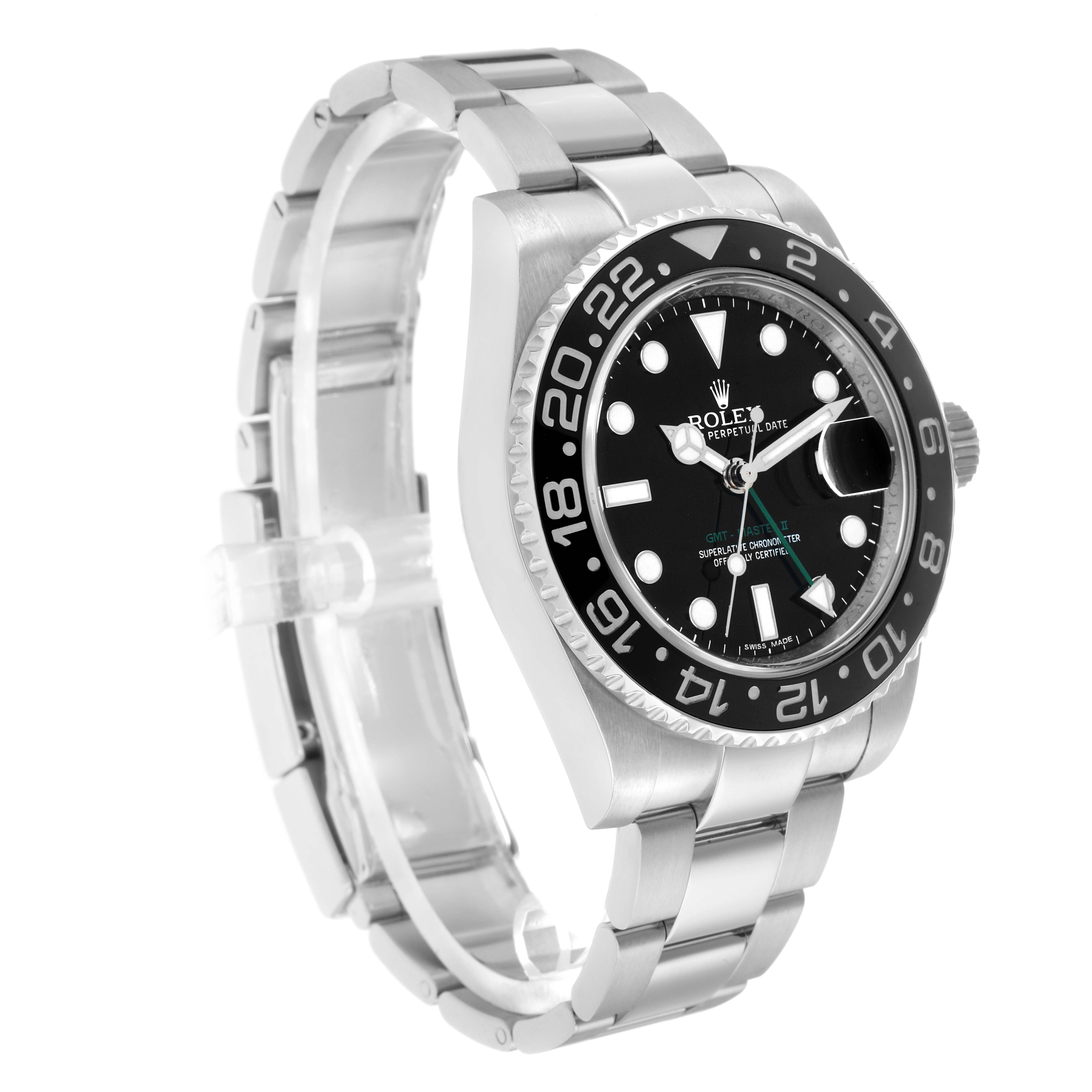 The Rolex GMT-Master 116710 Men's Stainless Steel Black Dial watch is shown at a three-quarter angle, highlighting the bezel, dial, and bracelet.