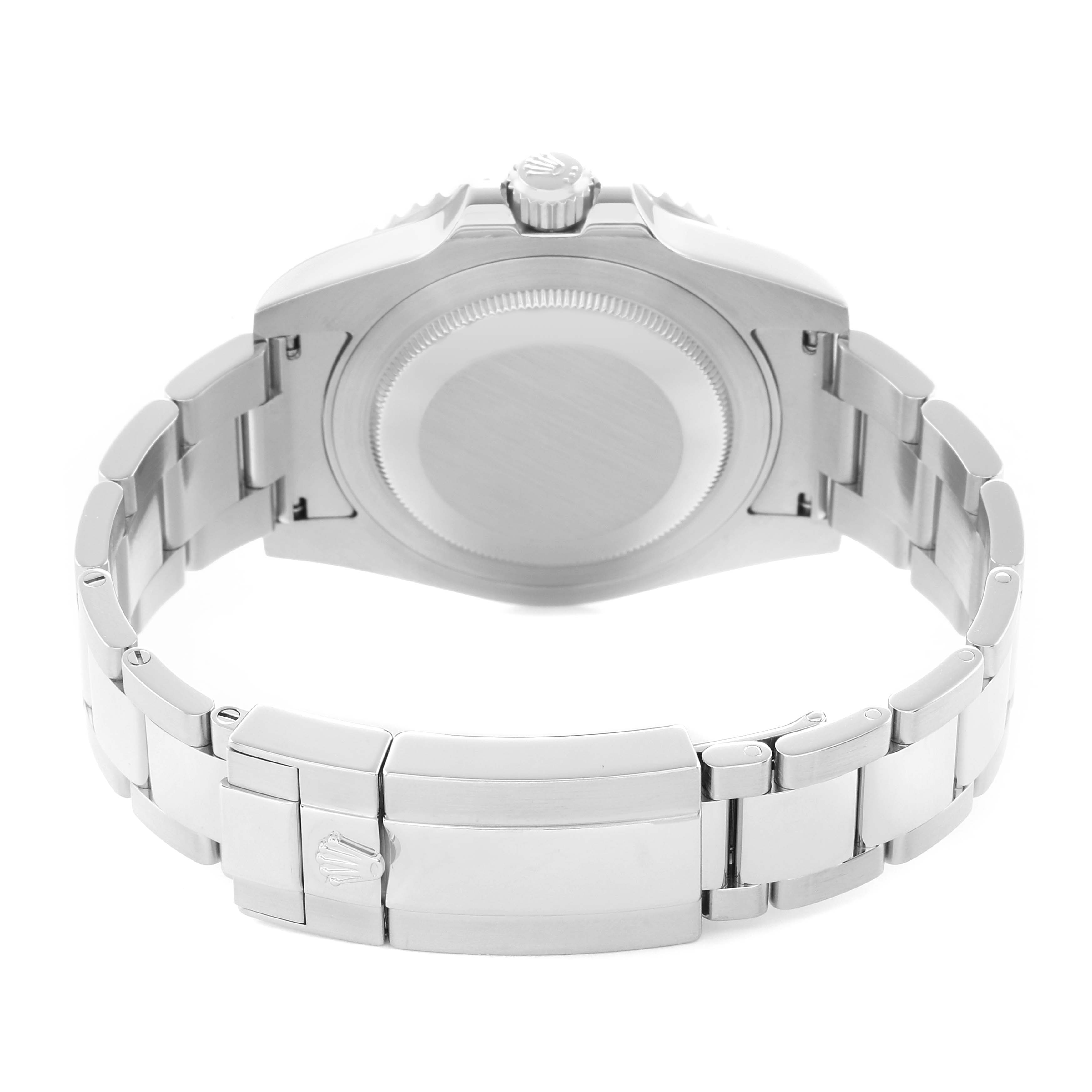 The Rolex GMT-Master 116710 Men's Stainless Steel Black Dial is shown from the back, highlighting the case back and bracelet clasp in a polished steel finish.