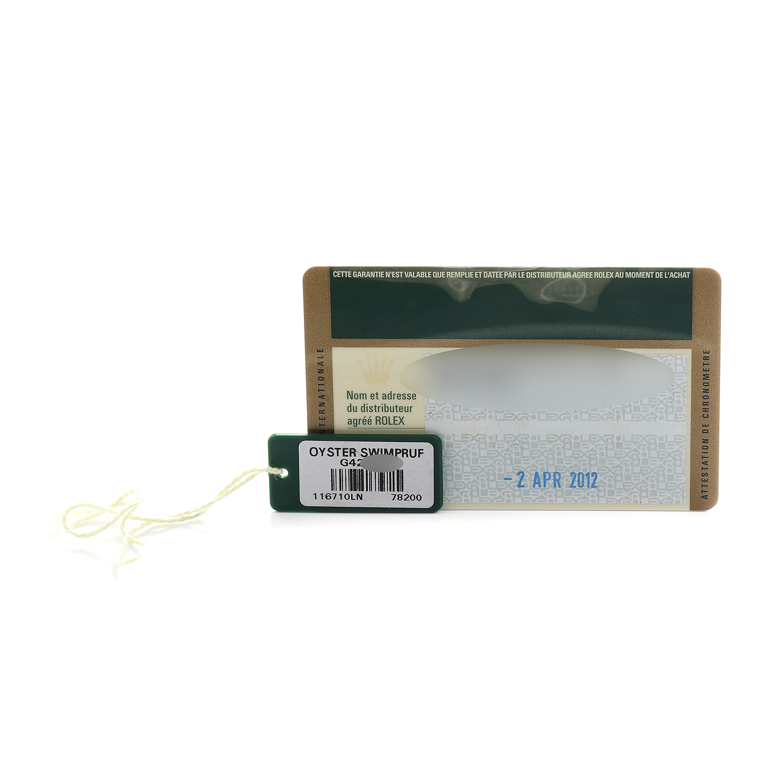 The image shows a Rolex GMT-Master 116710 Men's Stainless Steel Black Dial warranty card and an attached Oyster Swimpruf tag with model details.