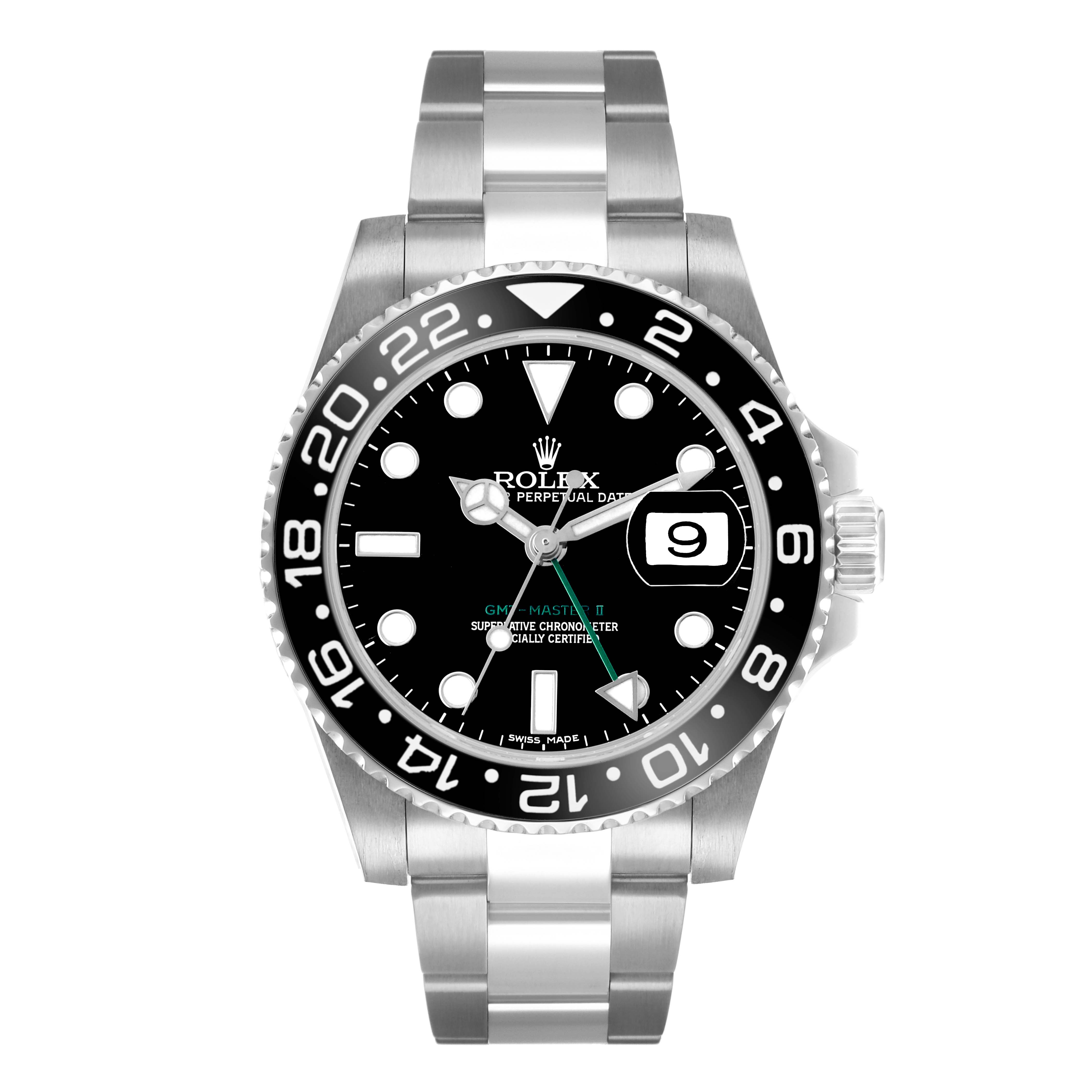 The Rolex GMT-Master 116710 Men
s Stainless Steel Black Dial watch is shown from a front angle, displaying the dial, bezel, and bracelet.