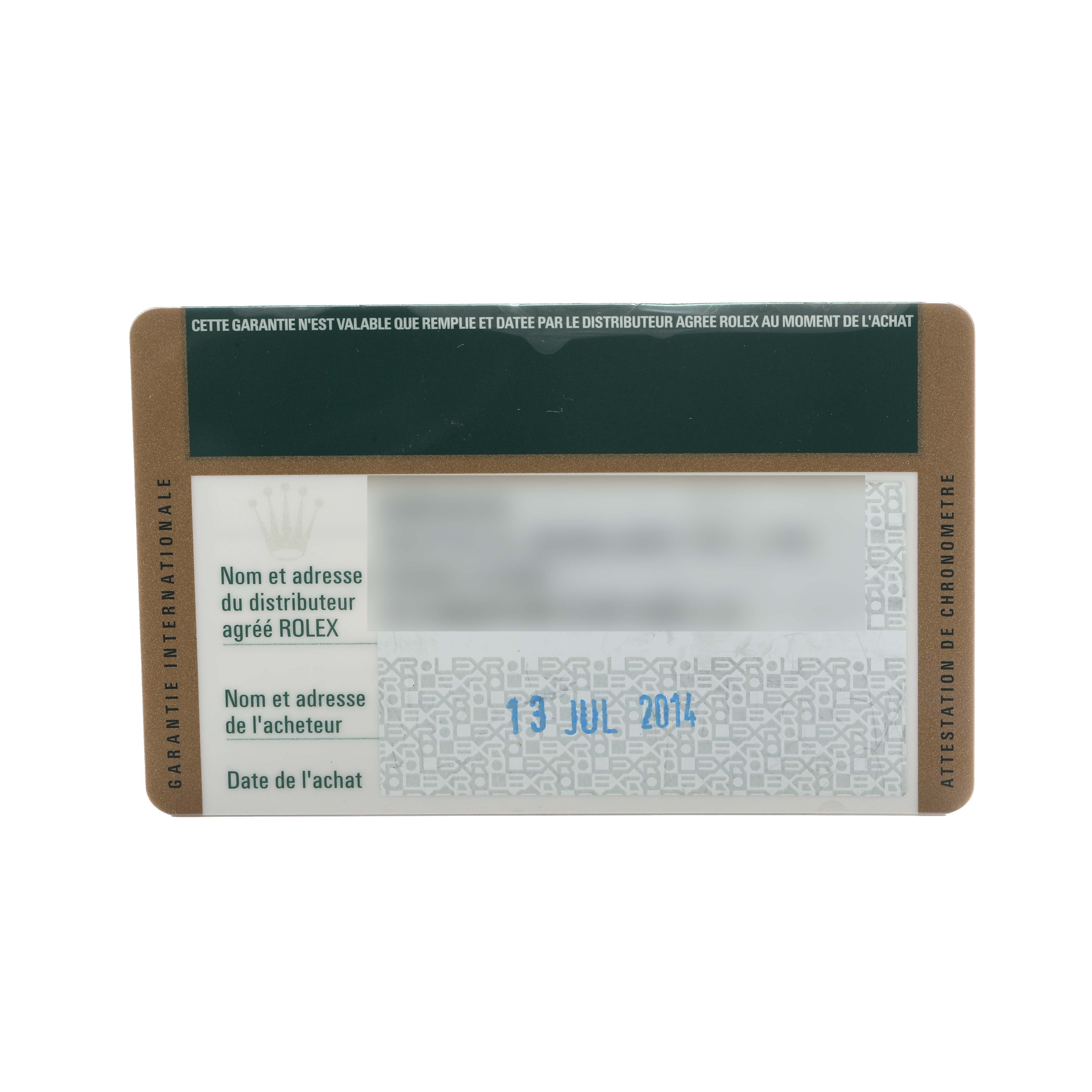 The image shows a Rolex warranty card for a GMT-Master model, displaying purchase details and guarantee information.