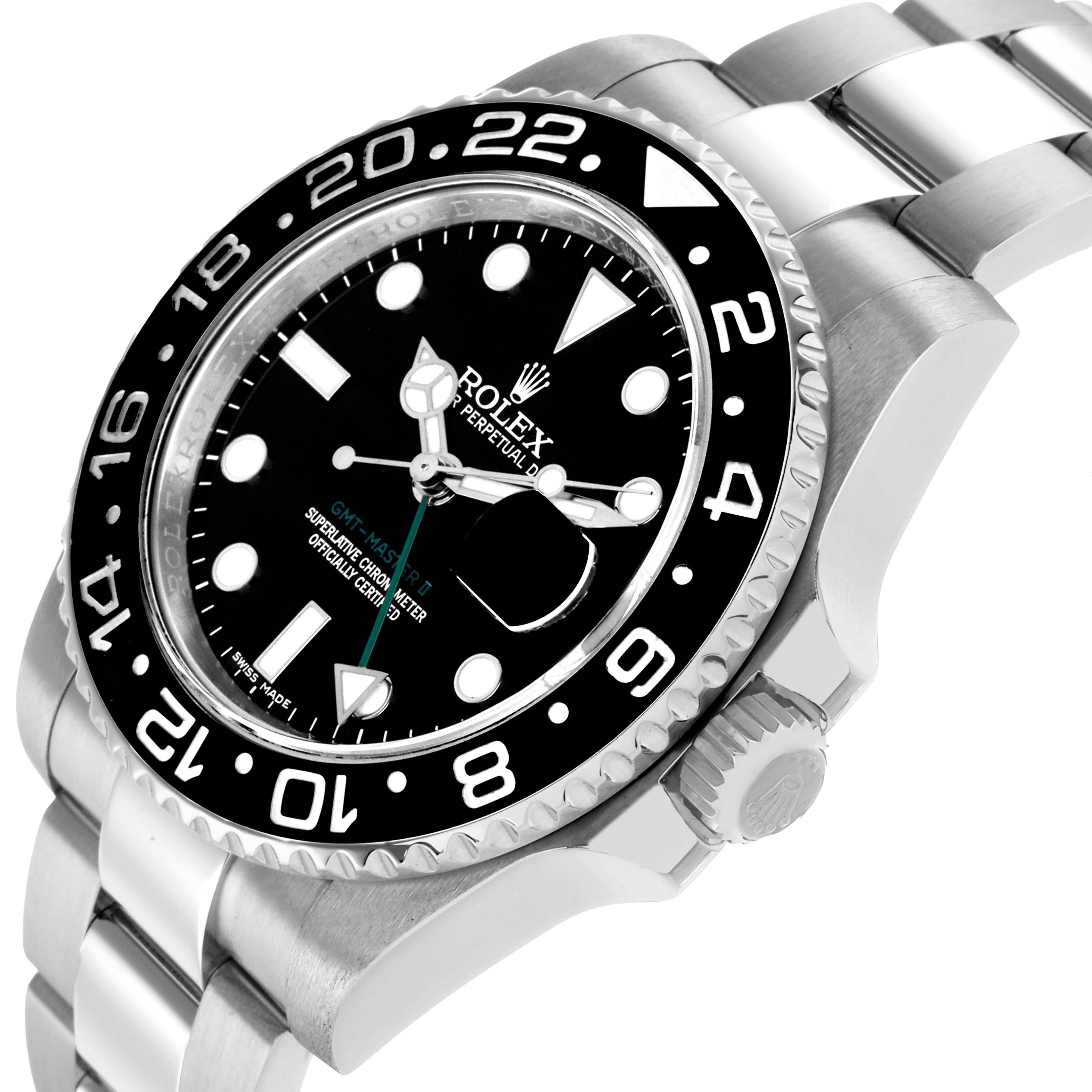 The Rolex GMT-Master 116710 Men
s Stainless Steel Black Dial watch is shown at an angle highlighting the bezel, dial, crown, and part of the metal bracelet.