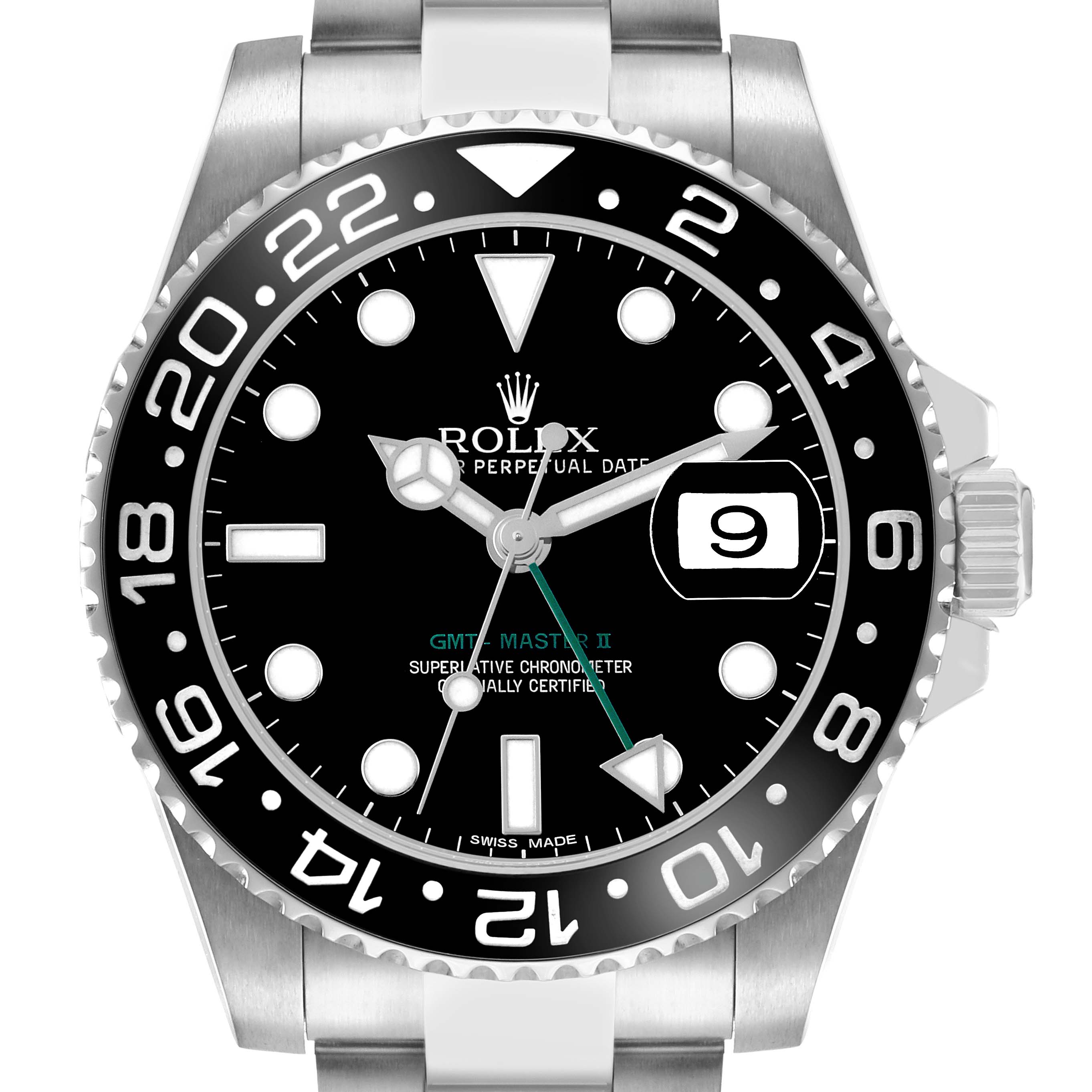 The image shows a frontal view of a Rolex GMT-Master 116710LN Men's Stainless Steel Black Dial II watch, highlighting the bezel, dial, and date window.