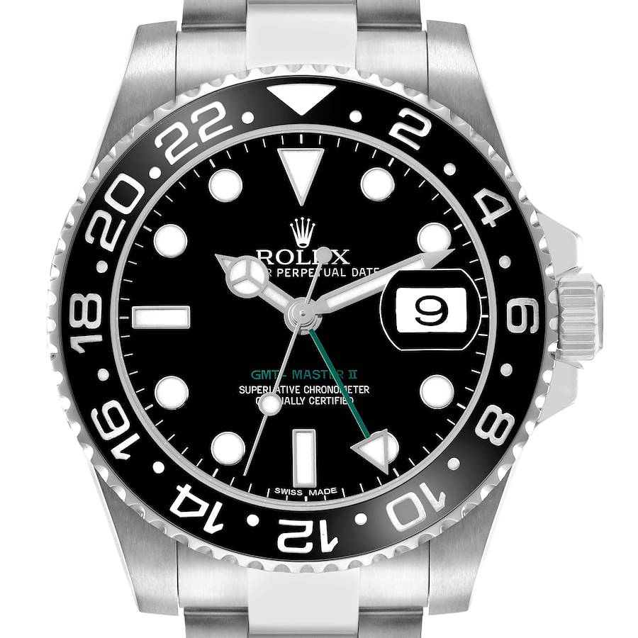 The image shows a frontal view of a Rolex GMT-Master 116710LN Men's Stainless Steel Black Dial II watch, highlighting the bezel, dial, and date window.