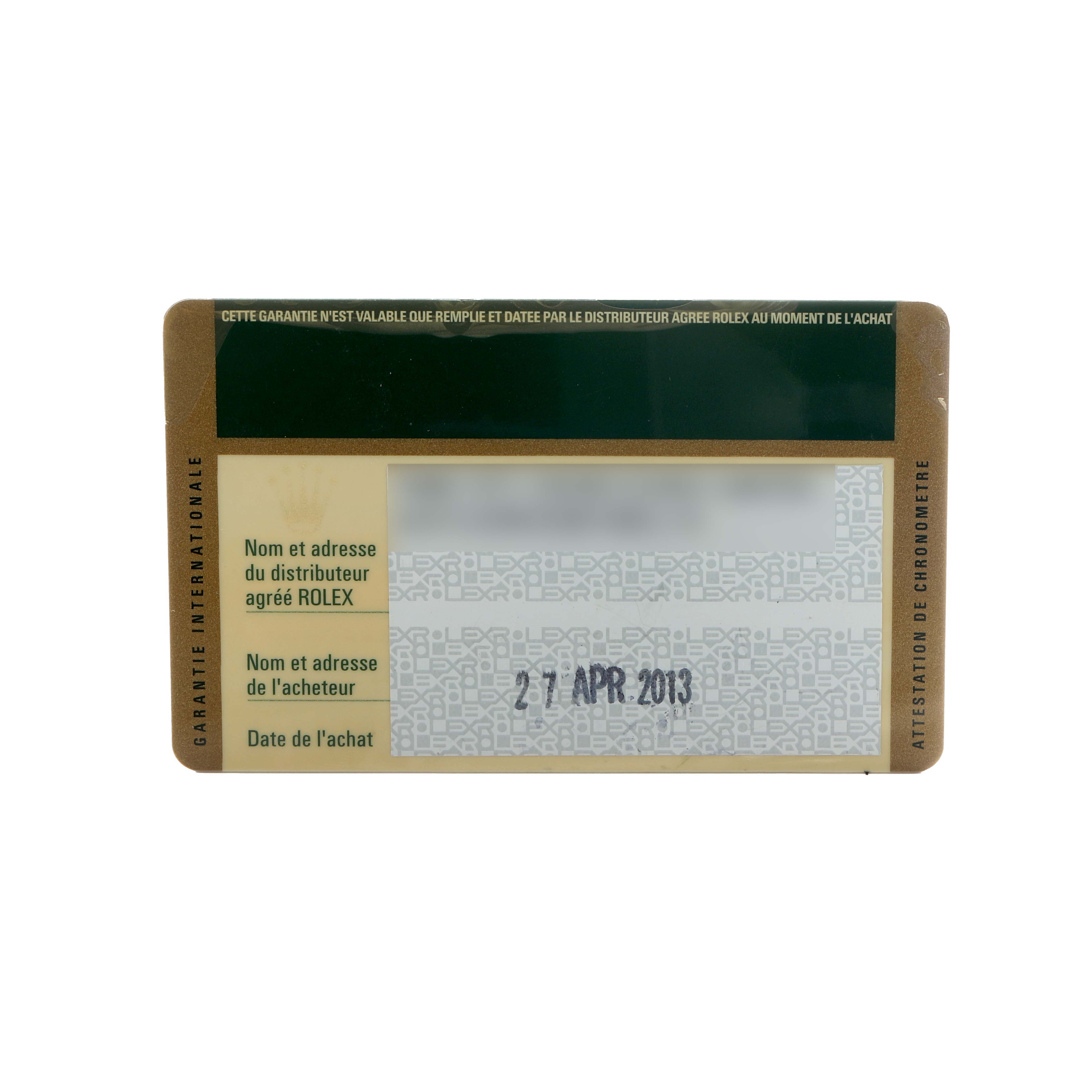 The image shows a warranty card for a Rolex GMT-Master 116710LN Men's Stainless Steel Black Dial, displaying purchase details and branding.