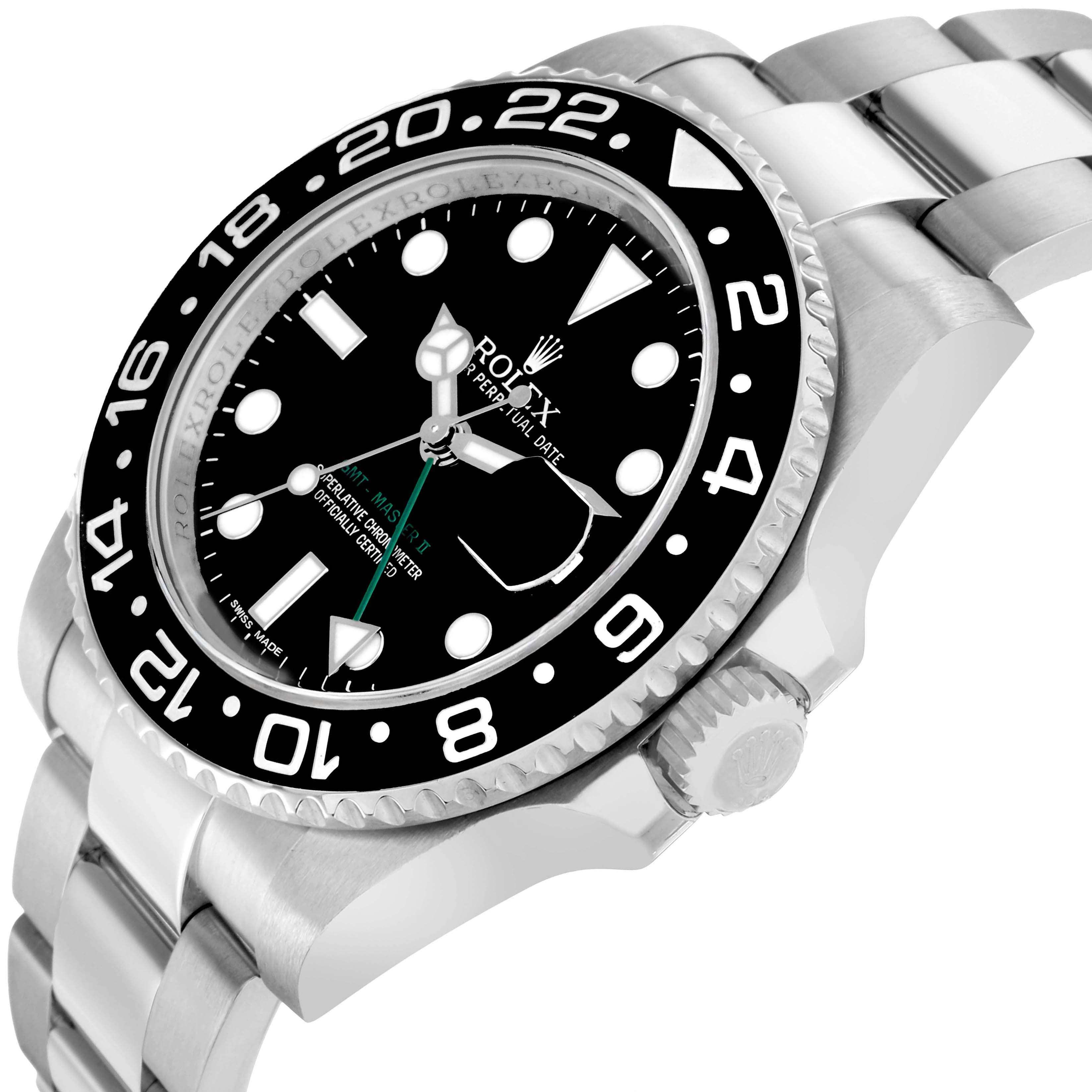 The Rolex GMT-Master 116710LN Men's Stainless Steel Black Dial is shown from a side angle, highlighting the bezel, crown, and part of the bracelet.